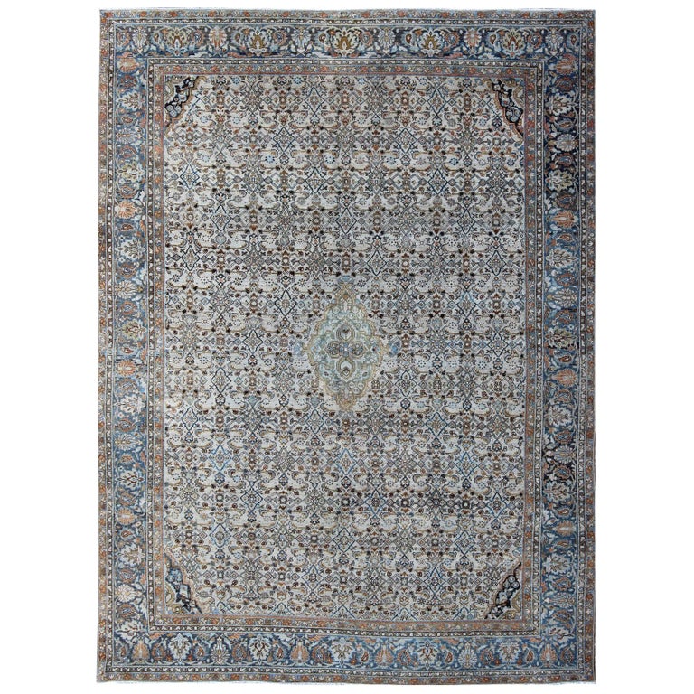 Antique Persian Malayer Unique Rug in Steel Blue Border and Ivory ...
