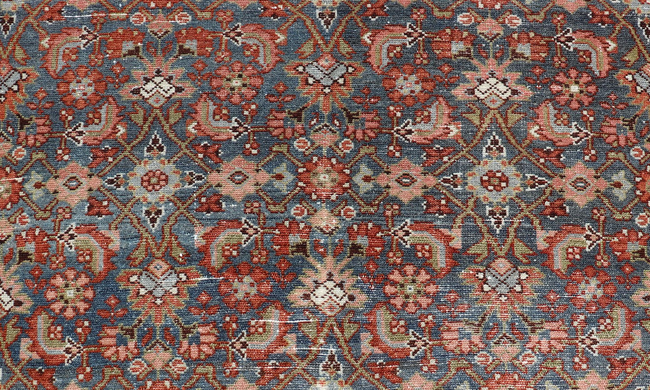 Antique Persian Malayer with All-Over Design in Red, Olive, and Blue 4
