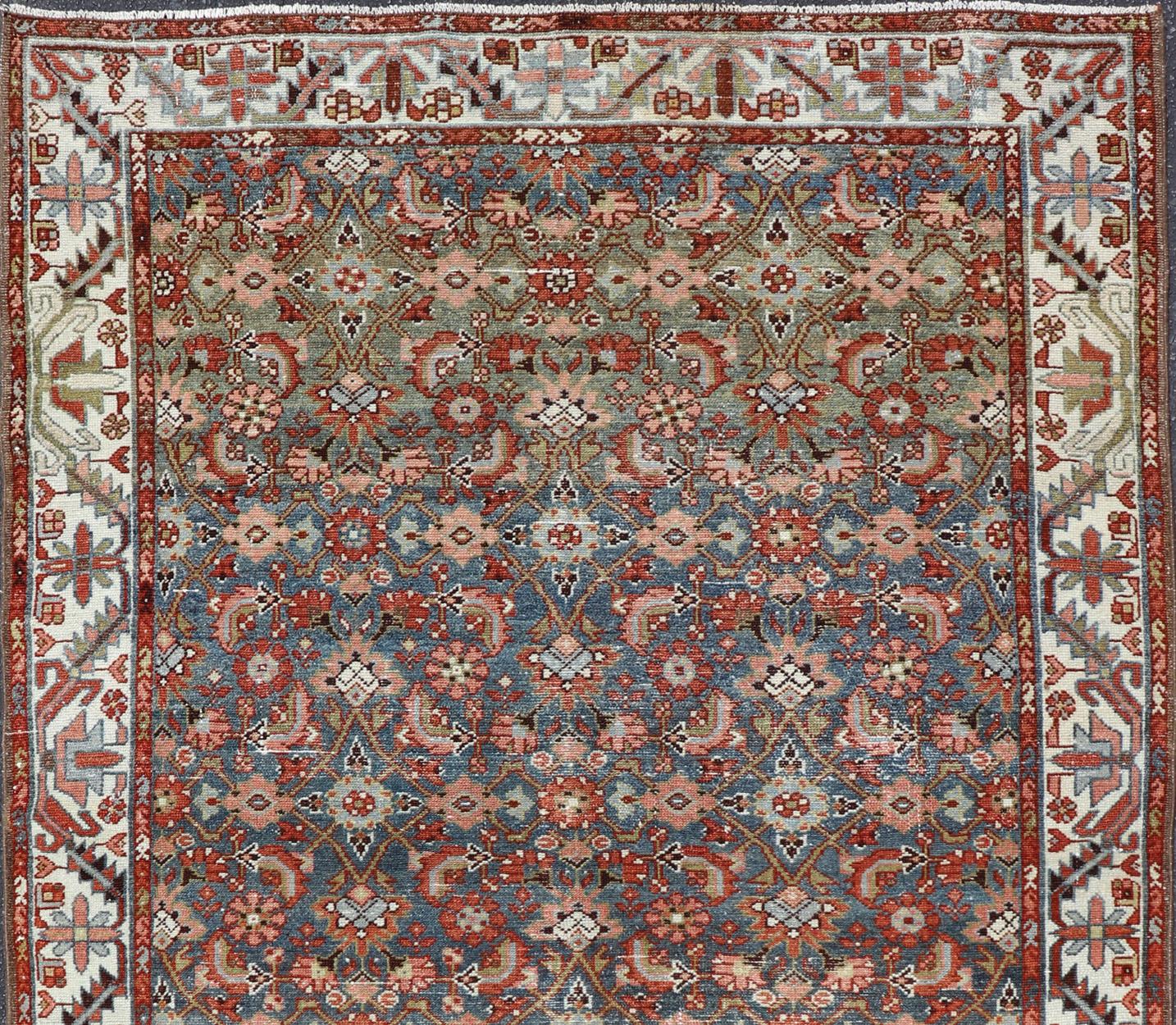 Measures; 5'0 x 7'4

 Country of origin: Iran; Type: Malayer; Design: All-Over, Sub-Geometric, Floral Persian rug;  Keivan Woven Arts; V21-1208; Antique Persian Malayer with all-over design in red, olive, and blue;  Authentic Persian rug, Antique