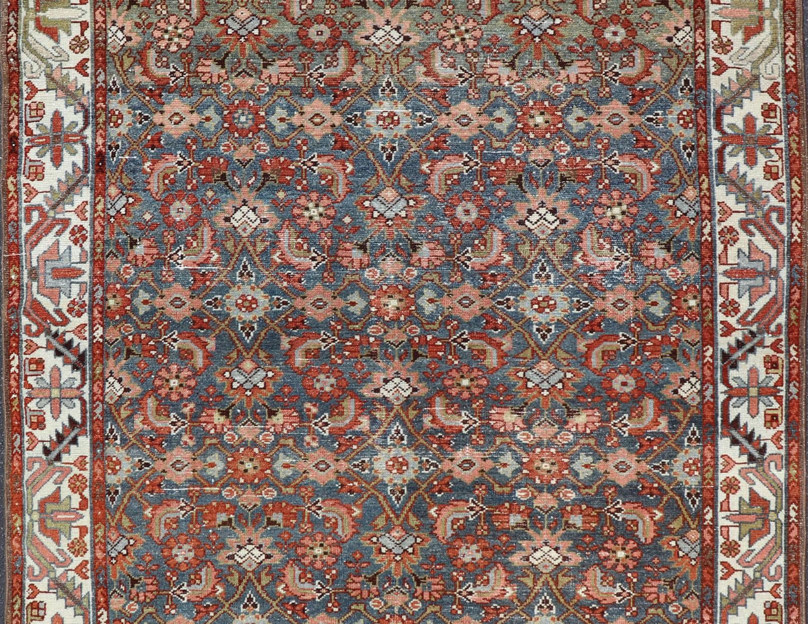 Hand-Knotted Antique Persian Malayer with All-Over Design in Red, Olive, and Blue