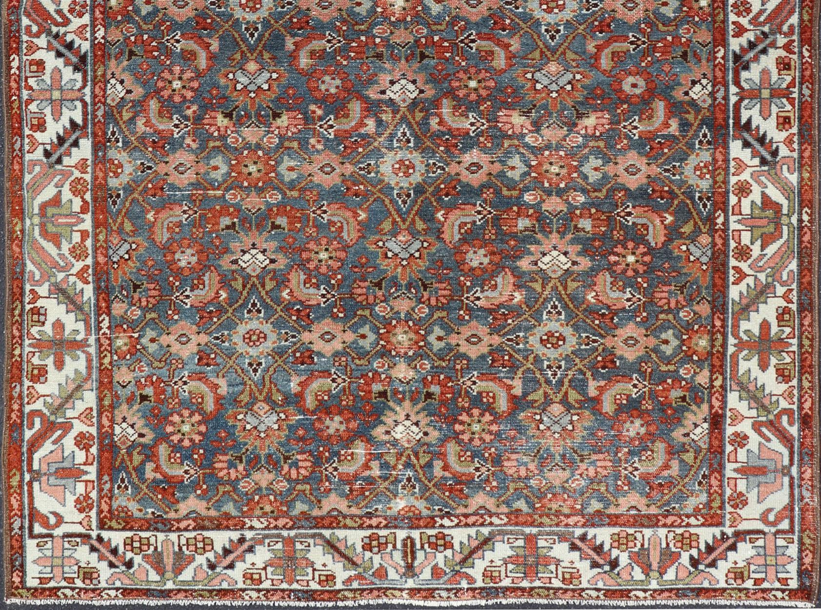 Antique Persian Malayer with All-Over Design in Red, Olive, and Blue In Good Condition In Atlanta, GA