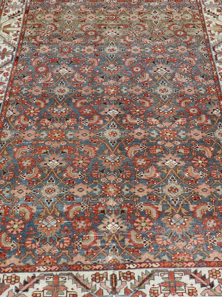 Wool Antique Persian Malayer with All-Over Design in Red, Olive, and Blue