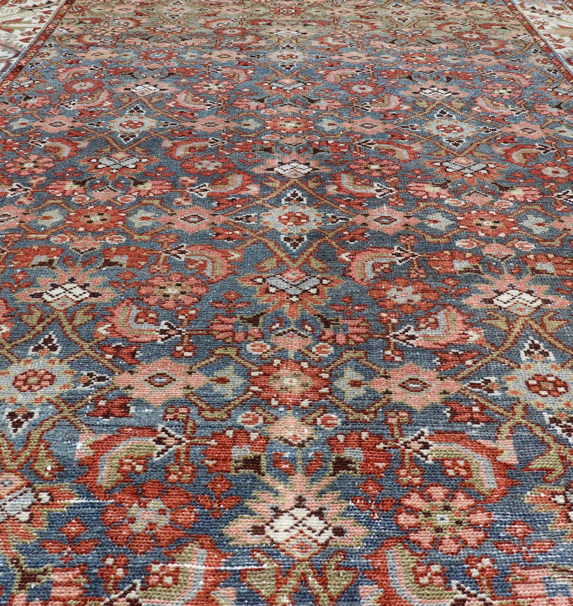 Antique Persian Malayer with All-Over Design in Red, Olive, and Blue 1
