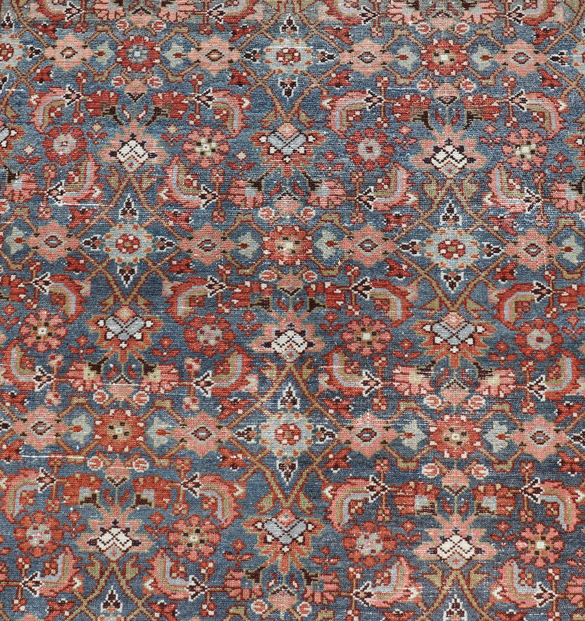 Antique Persian Malayer with All-Over Design in Red, Olive, and Blue 2