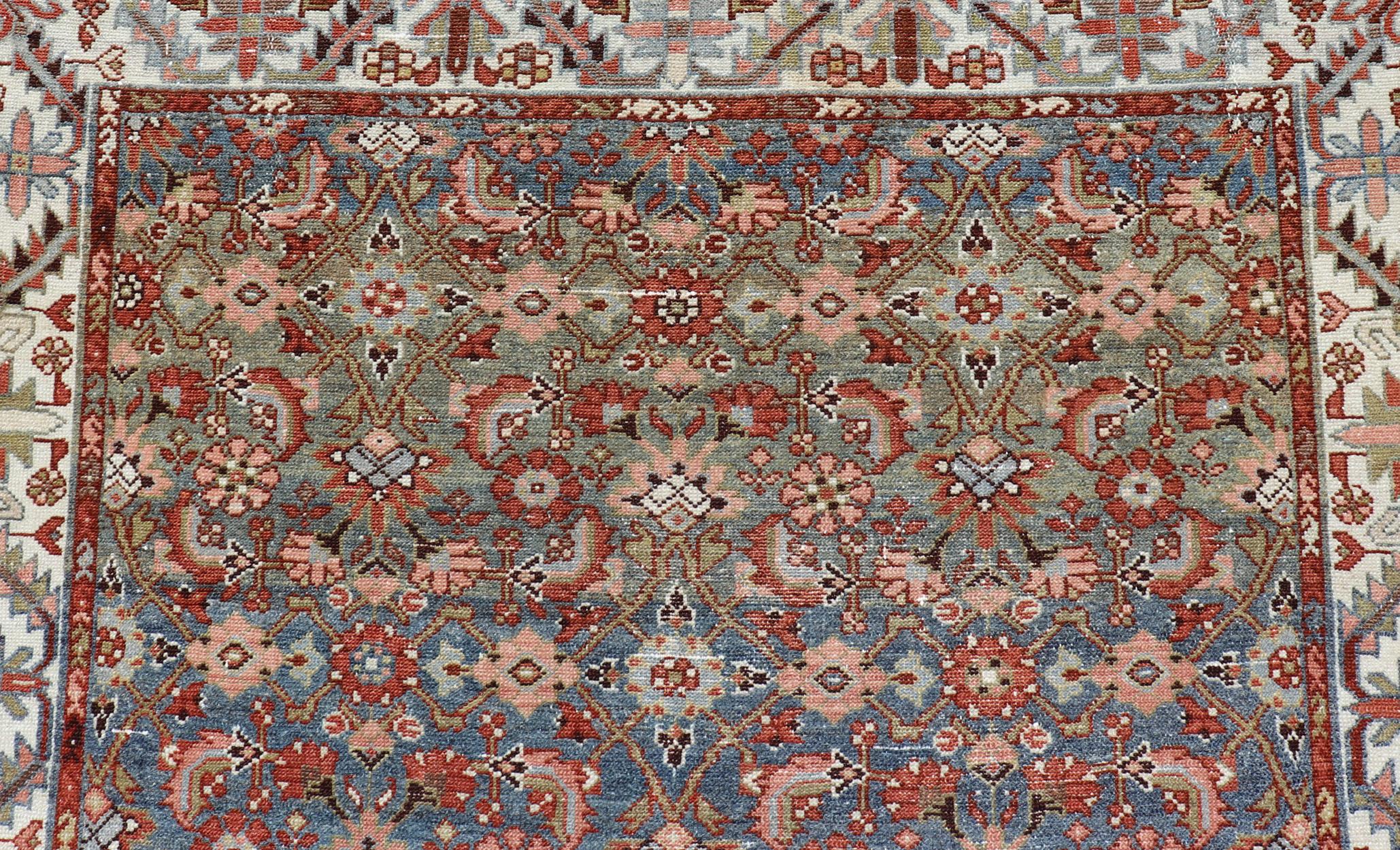 Antique Persian Malayer with All-Over Design in Red, Olive, and Blue 3