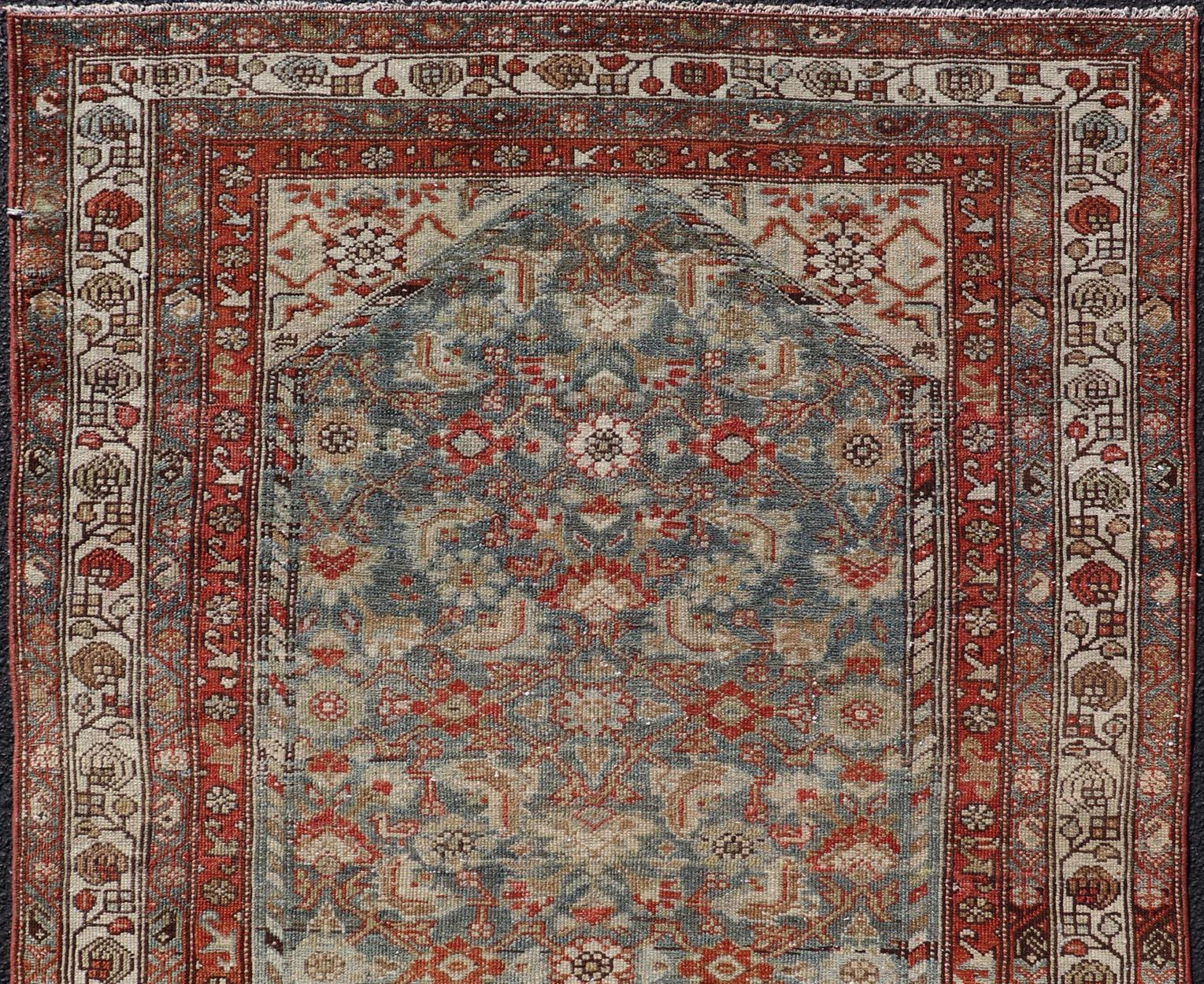Hand-Knotted Antique Persian Malayer with All-Over of Herati Design in Red and Blue For Sale