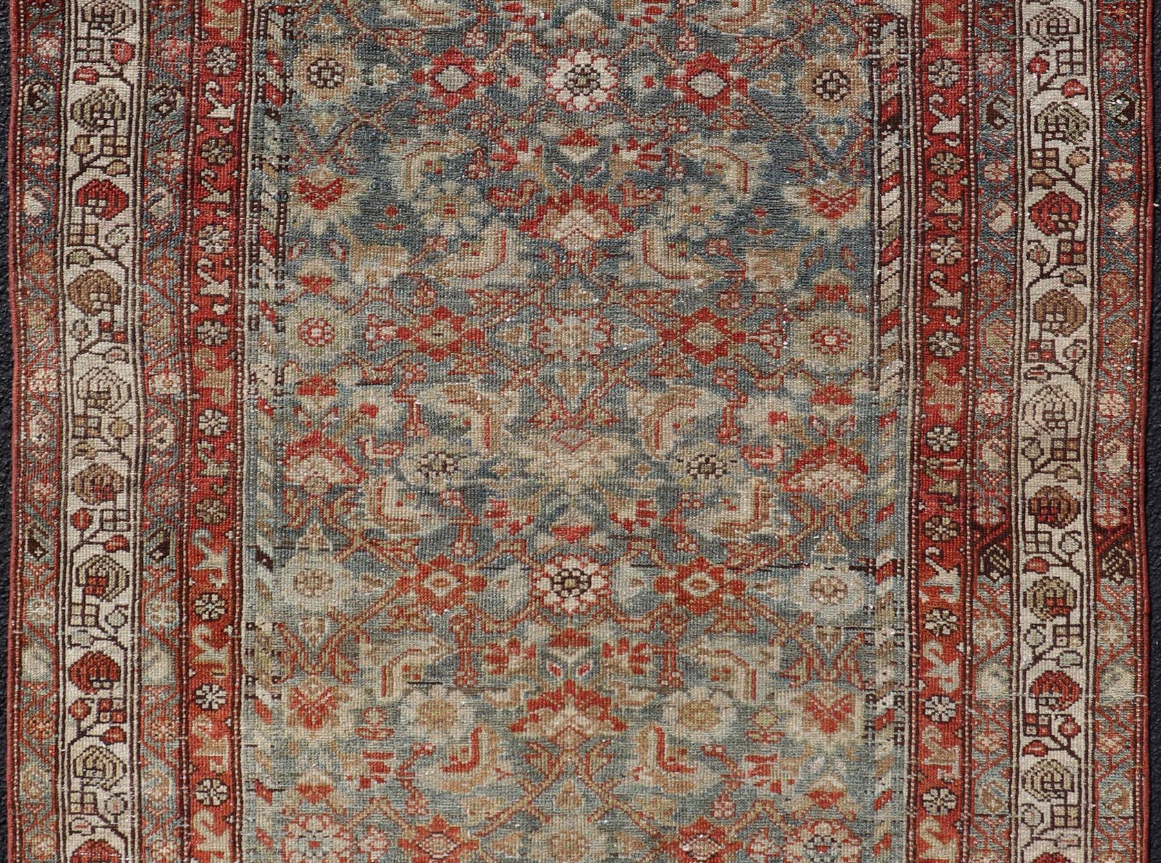 Noué à la main Ancien tapis persan Malayer avec motif Herati en rouge et bleu en vente