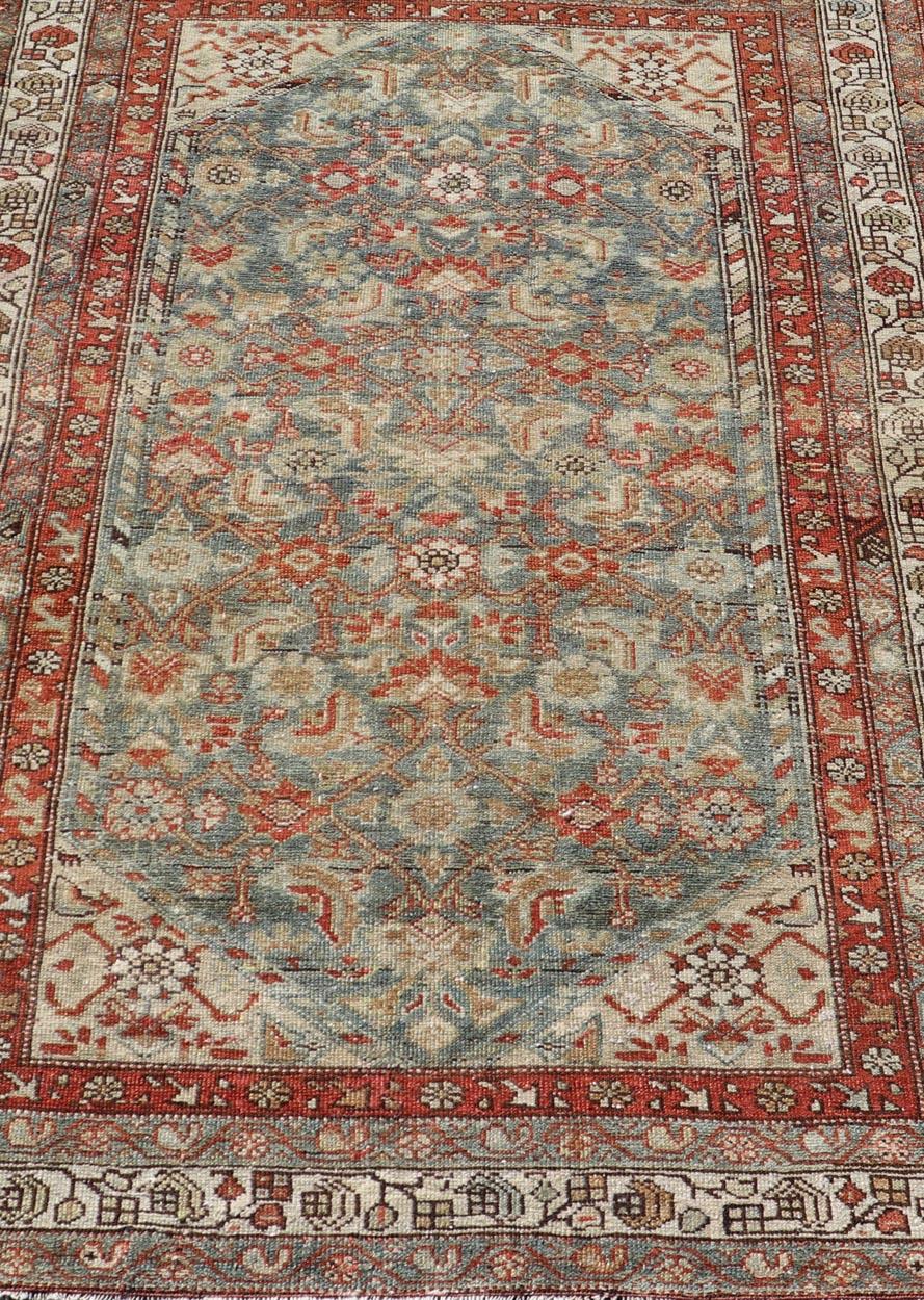 Wool Antique Persian Malayer with All-Over of Herati Design in Red and Blue For Sale