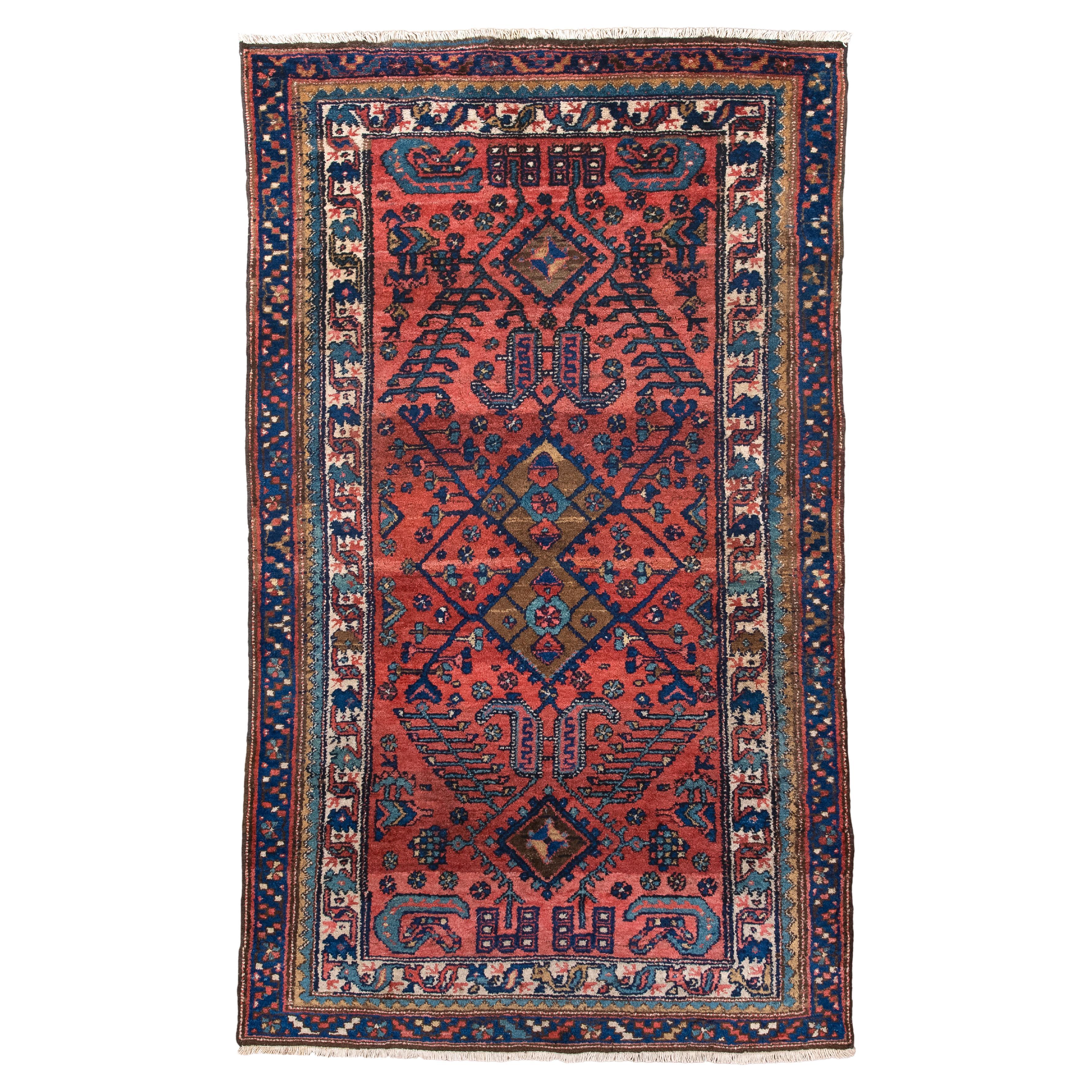 Malayer persan ancien avec champ corail et détails bleus