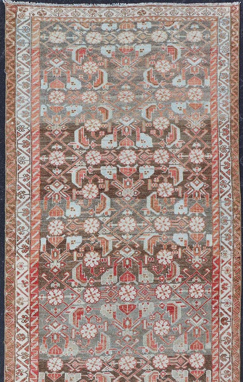 Hand-Knotted Antique Persian Malayer with Sub-Geometric Floral Design in Reds & Earthy Tones For Sale