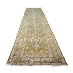Antique Persian Malayer Wool 4x16 Ivory, Slate & Olive Handmade Gallery Rug