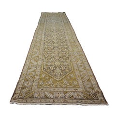 Antique Persian Malayer Wool 4x16 Ivory, Slate & Olive Handmade Gallery Rug