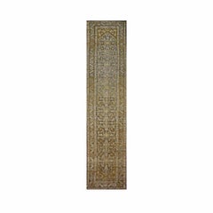 Antique Persian Malayer Wool 4x16 Ivory, Slate & Olive Handmade Gallery Rug