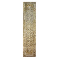 Antique Persian Malayer Wool 4x16 Ivory, Slate & Olive Handmade Gallery Rug
