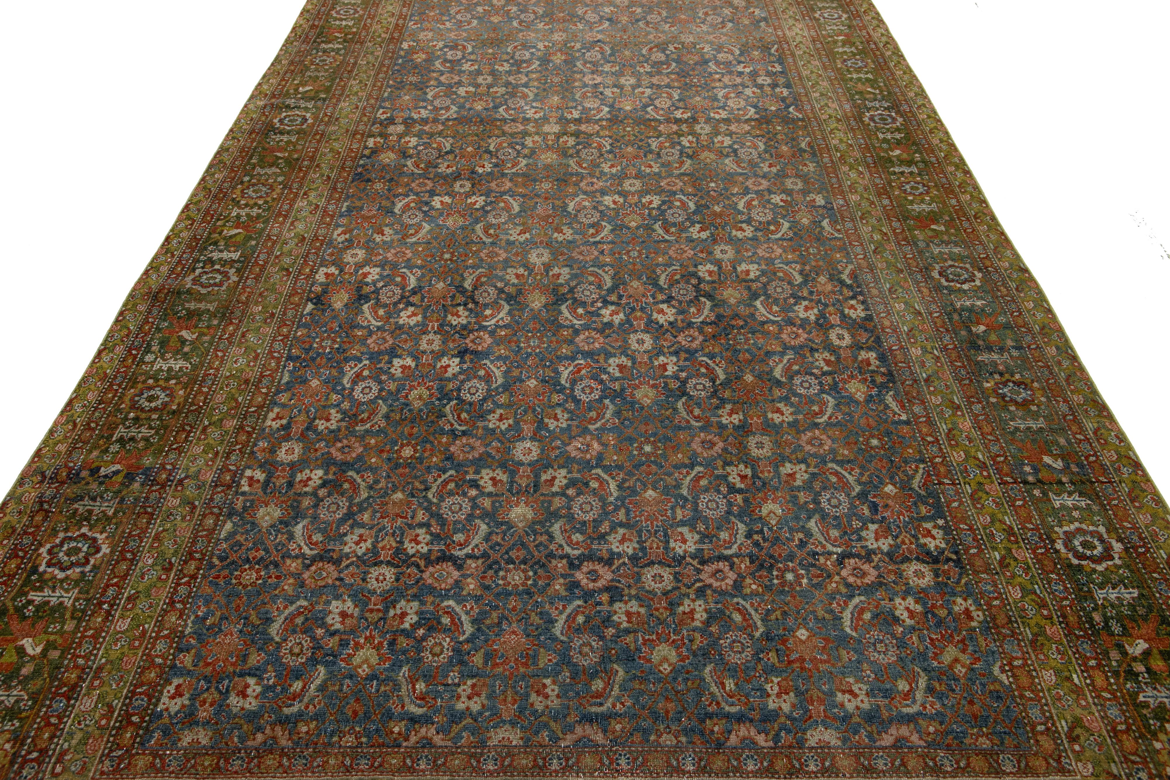 Laine Tapis persan ancien Malyer en laine à fleurs fait à la main en bleu en vente