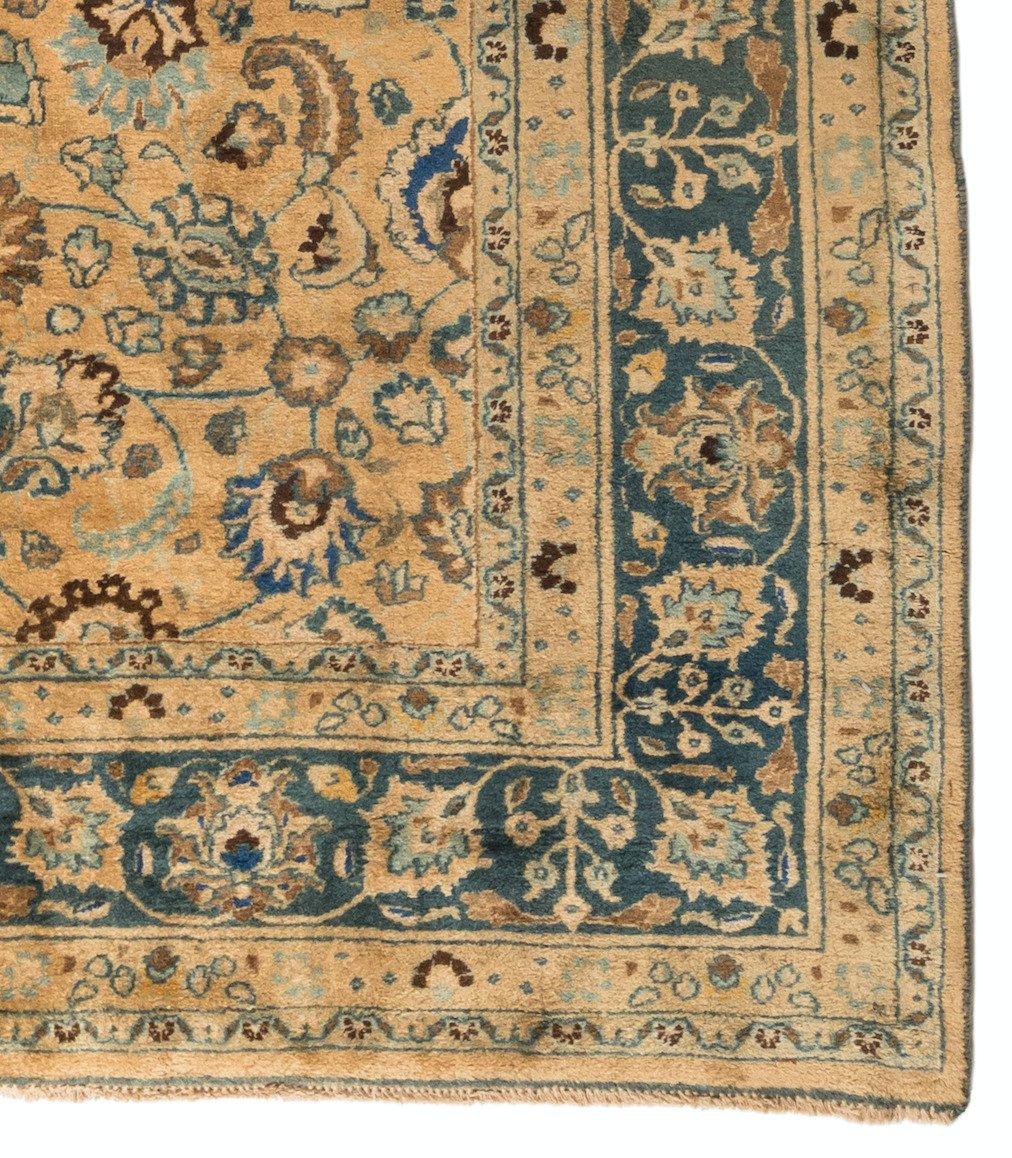 Hand-Knotted Antique Ivory and Navy Blue Persian Mashad Rug, circa 1940s For Sale