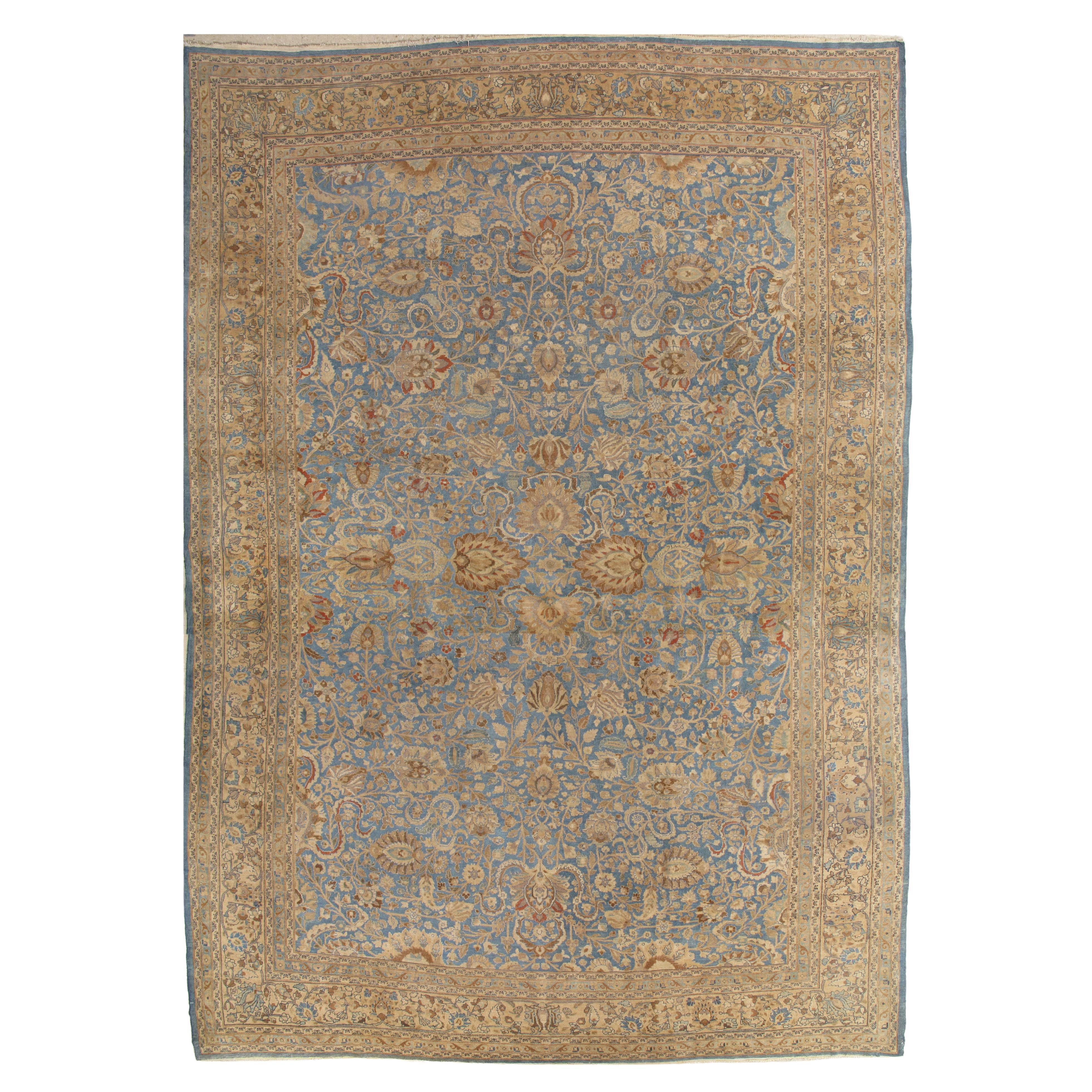 Antique Persian Mashad Carpet, Handmade Oriental Rug, Soft, Taupe, Lt Blue Beige