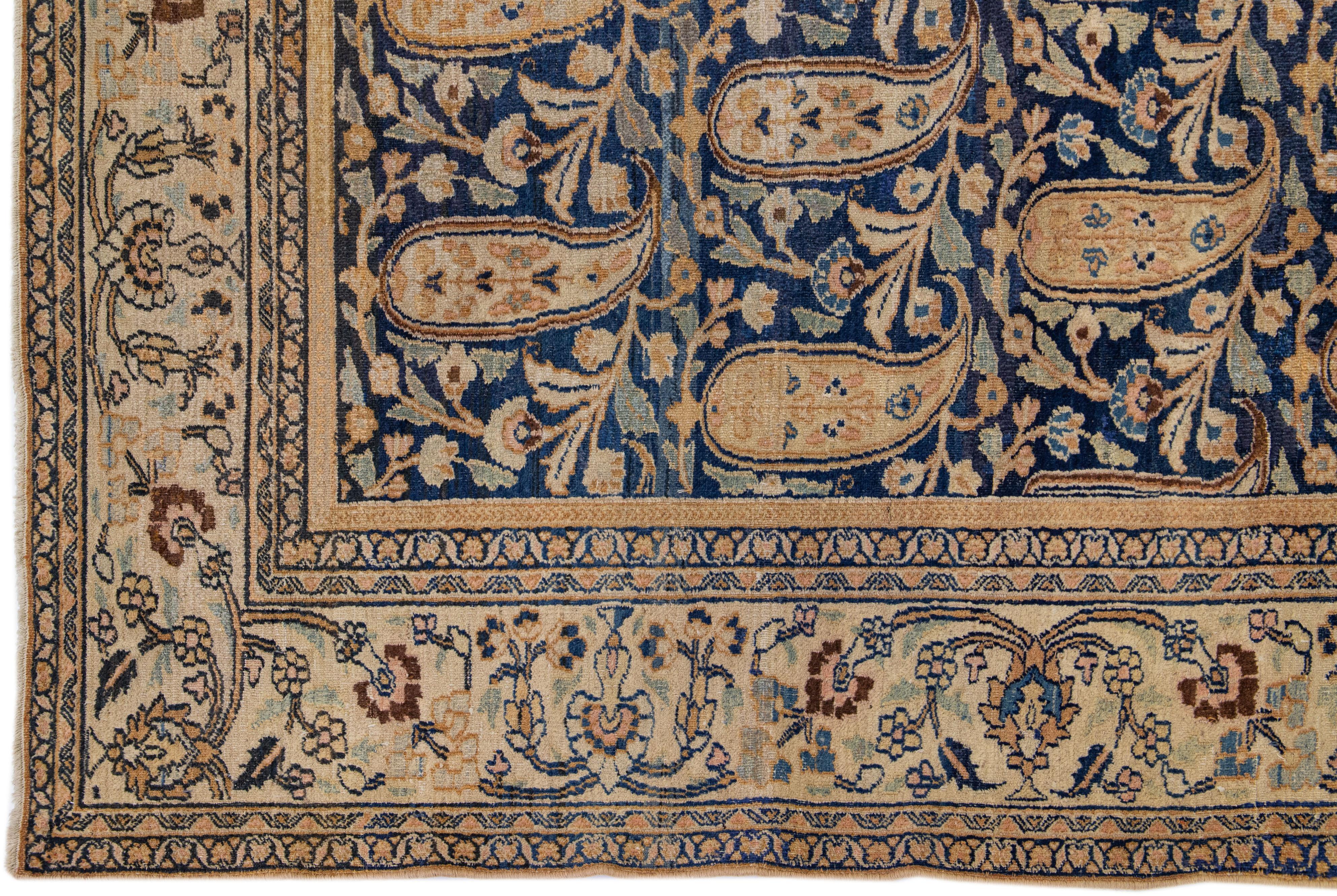 Hand-Knotted Antique Persian Mashad Gallery Wool Rug with Allover Rosette Motif in Blue For Sale