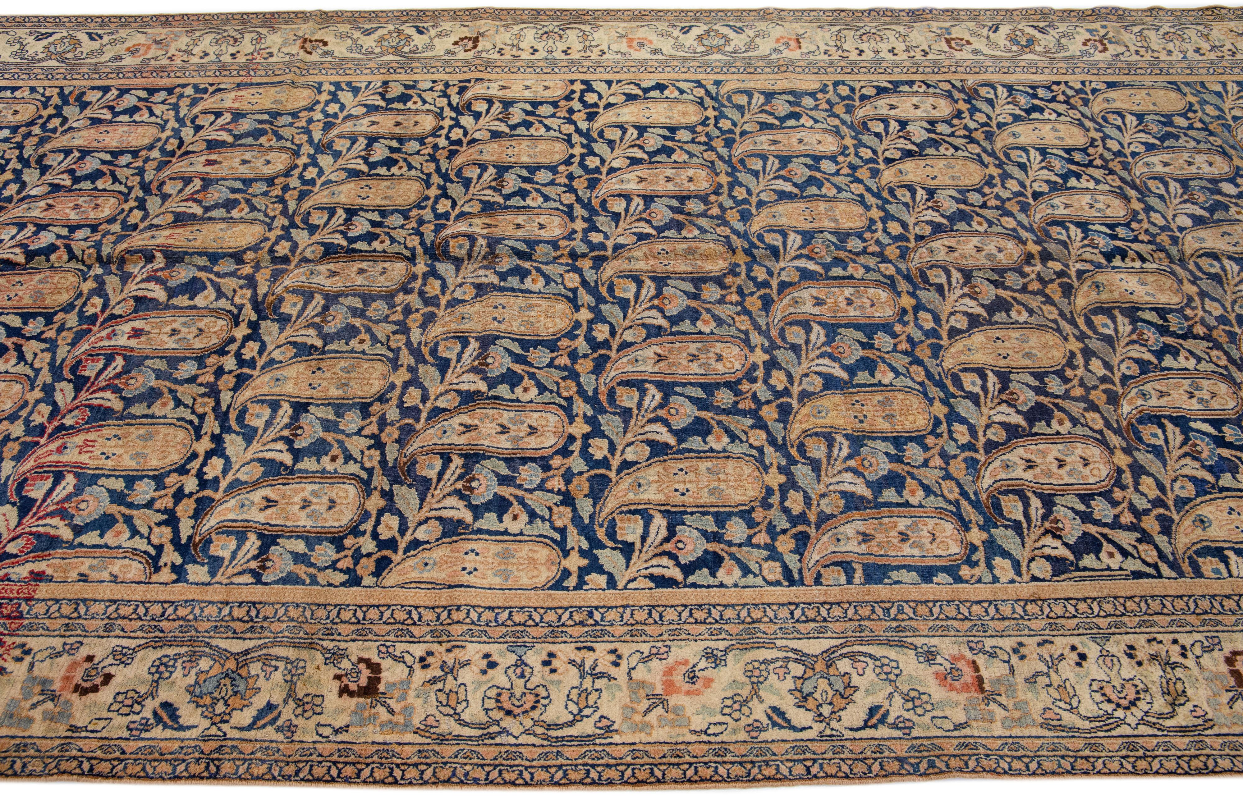 Antique Persian Mashad Gallery Wool Rug with Allover Rosette Motif in Blue In Excellent Condition For Sale In Norwalk, CT