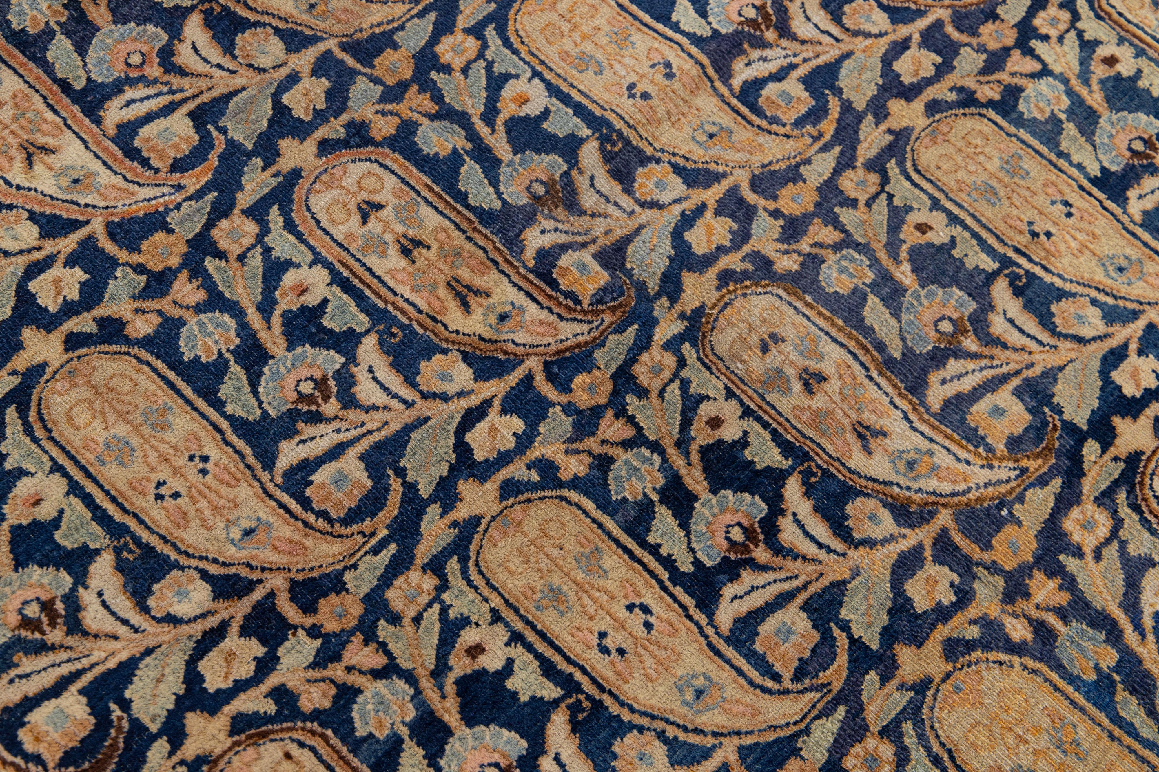 20th Century Antique Persian Mashad Gallery Wool Rug with Allover Rosette Motif in Blue For Sale