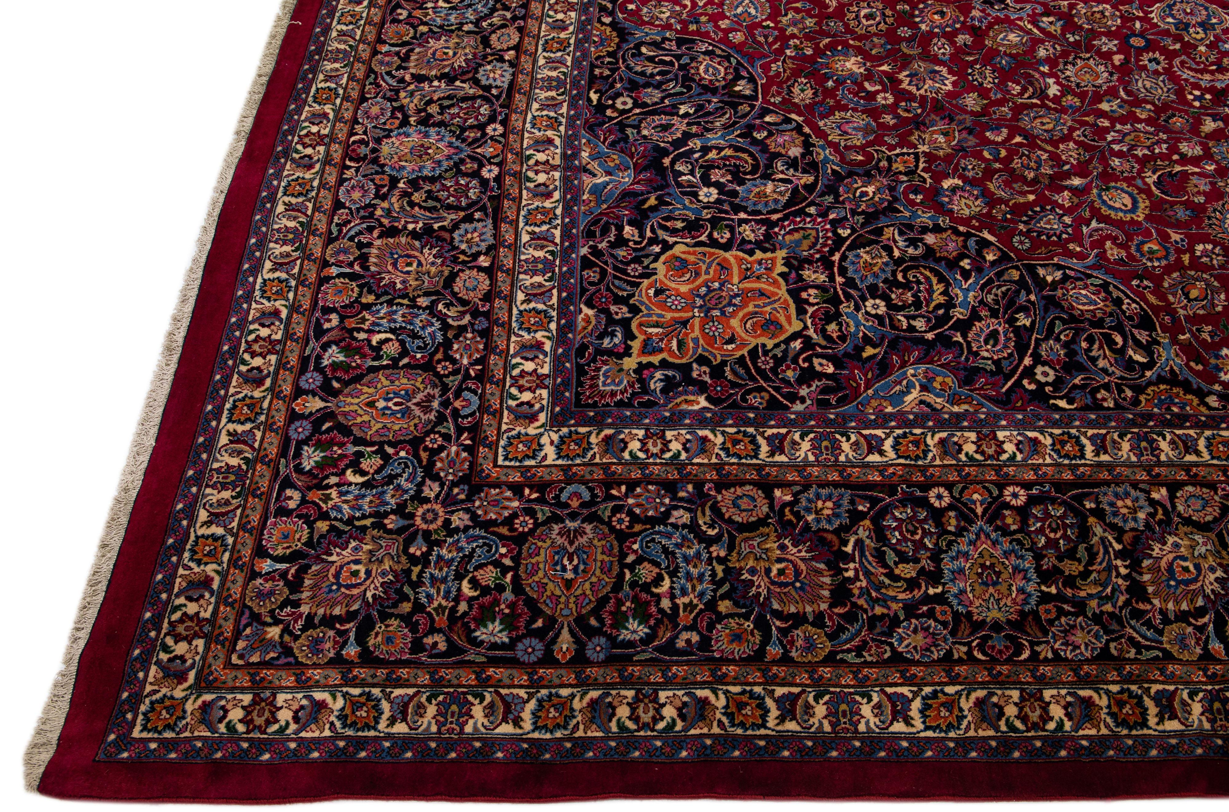 Hand-Knotted Antique Persian Mashad Handmade Red Oversize Wool Rug with Rosette Motif  For Sale