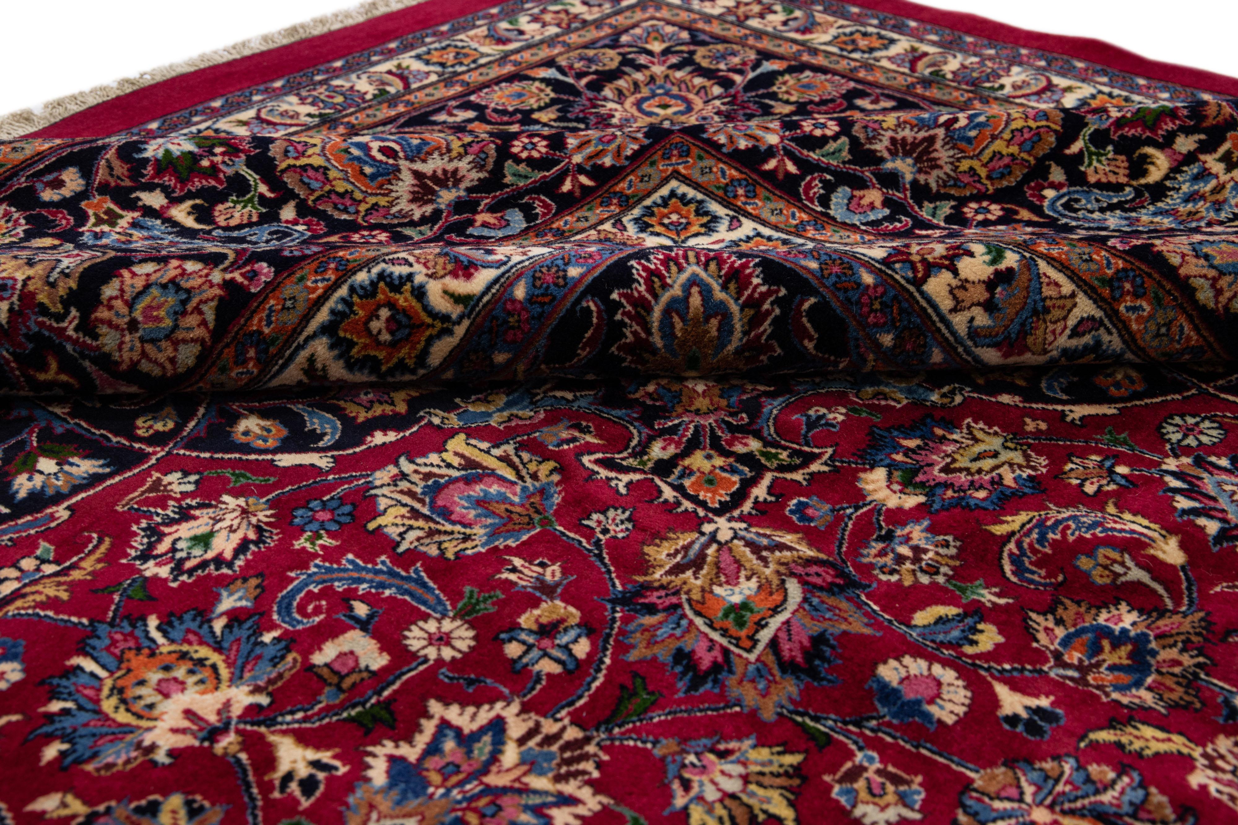 Antique Persian Mashad Handmade Red Oversize Wool Rug with Rosette Motif  For Sale 1