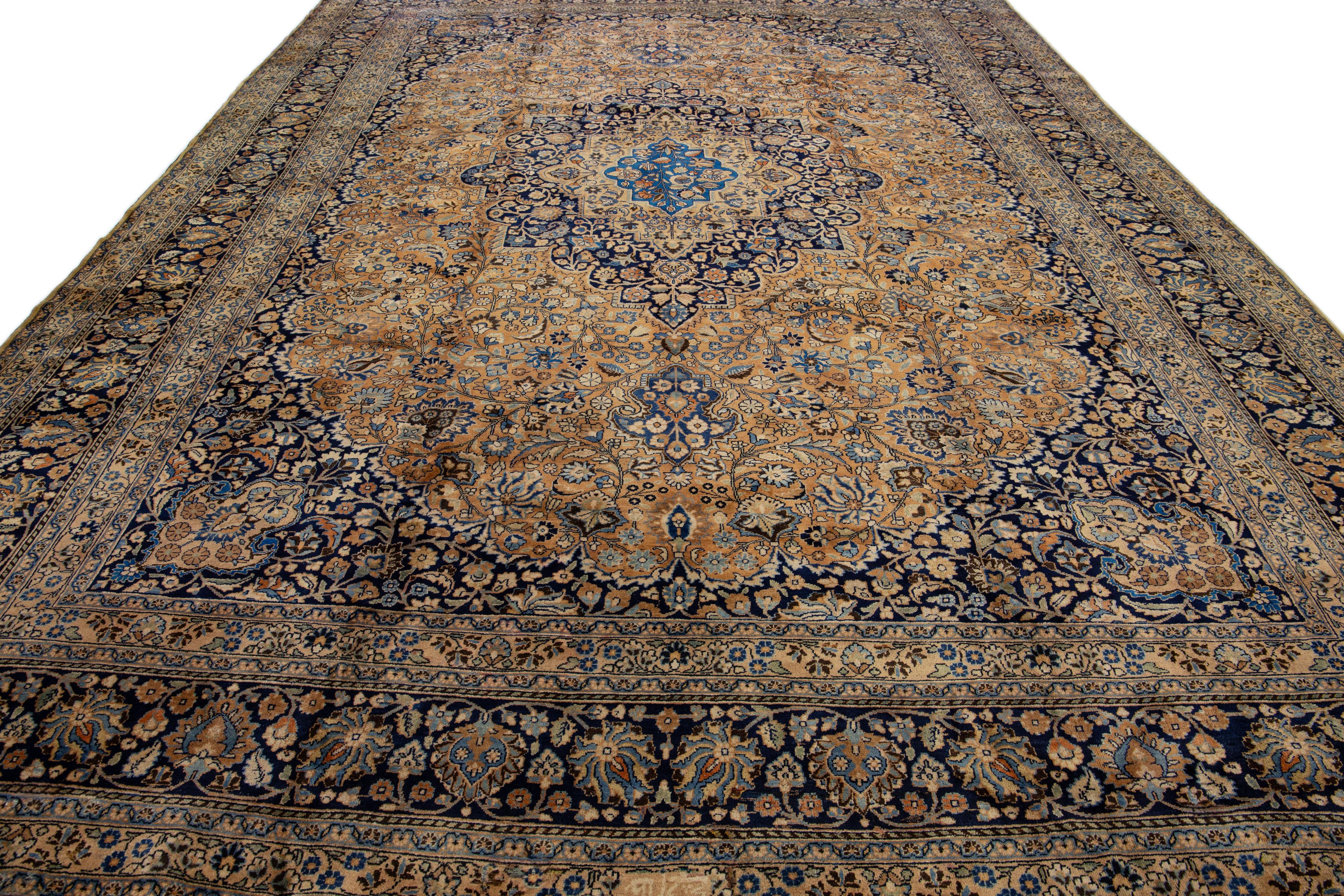 Islamic Antique Persian Mashad Handmade Tan Wool Rug Rosette Motif For Sale