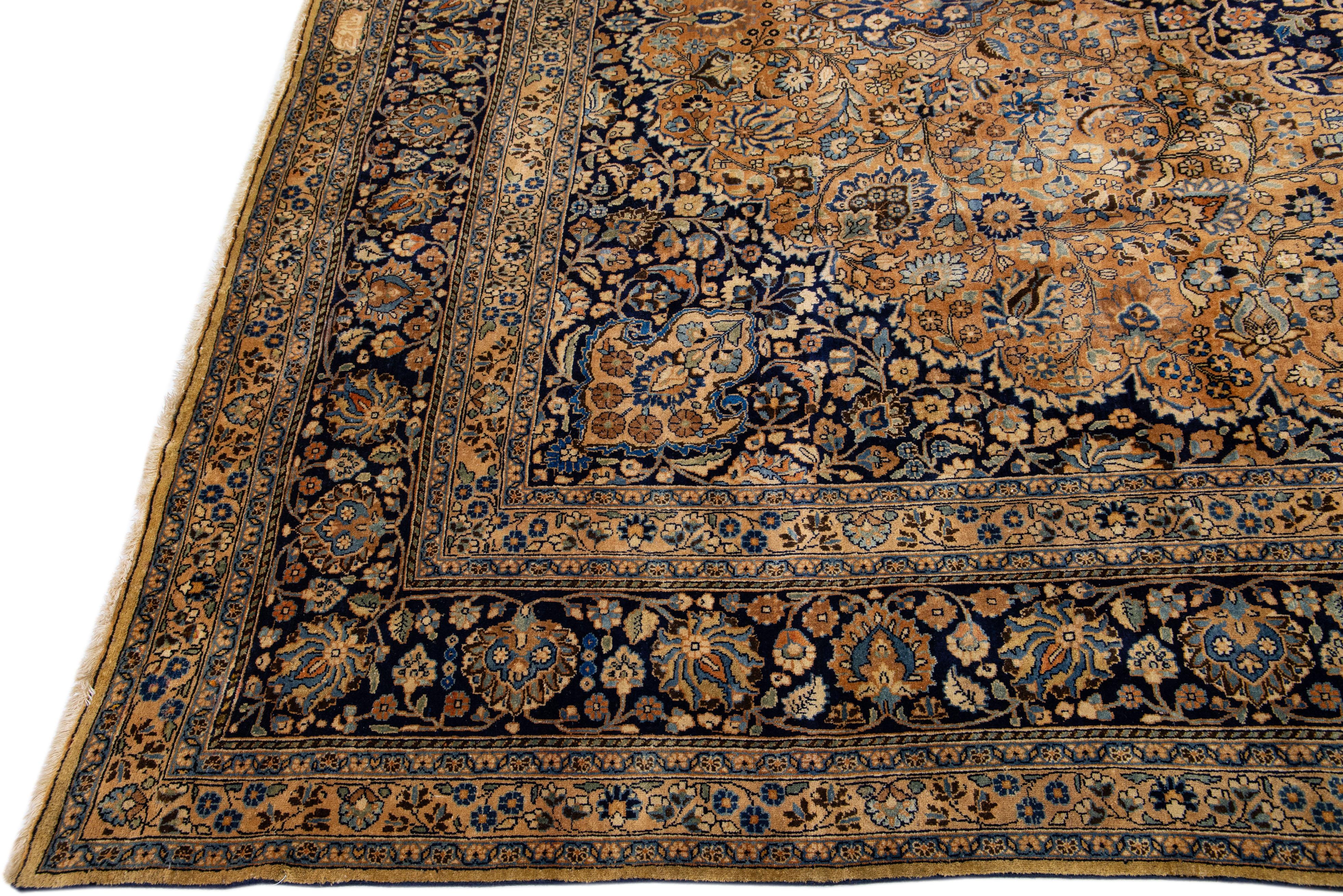 Hand-Knotted Antique Persian Mashad Handmade Tan Wool Rug Rosette Motif For Sale