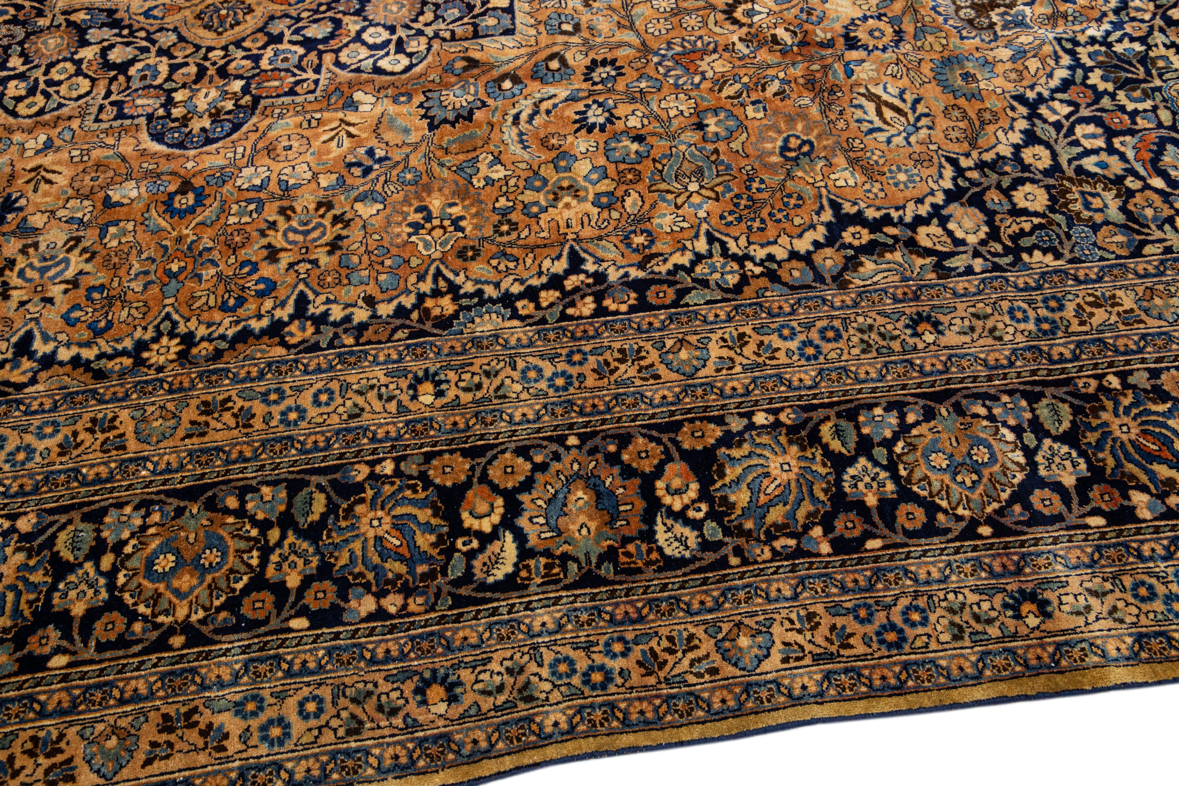 Antique Persian Mashad Handmade Tan Wool Rug Rosette Motif For Sale 1