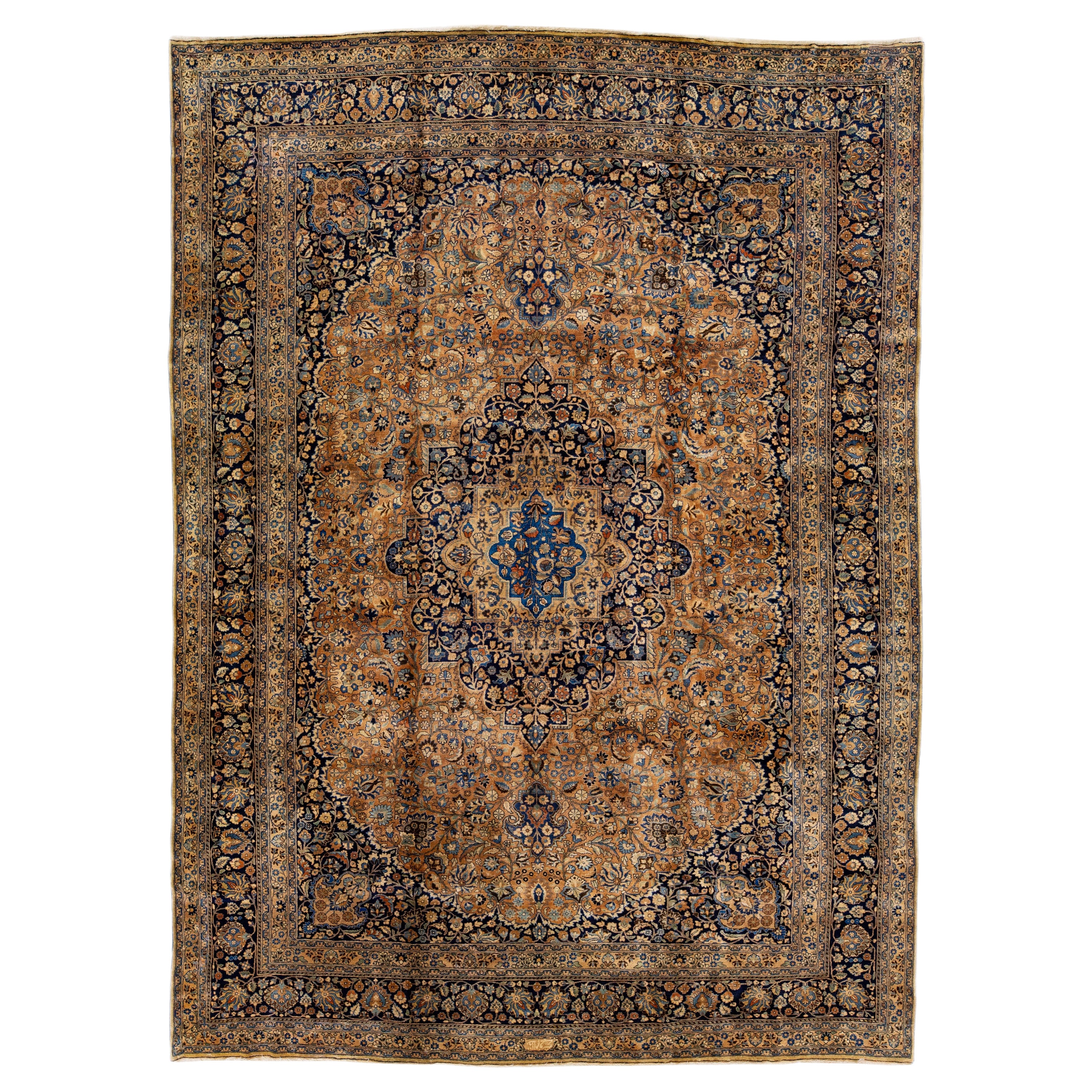 Antique Persian Mashad Handmade Tan Wool Rug Rosette Motif