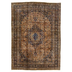 Antique Persian Mashad Handmade Tan Wool Rug Rosette Motif