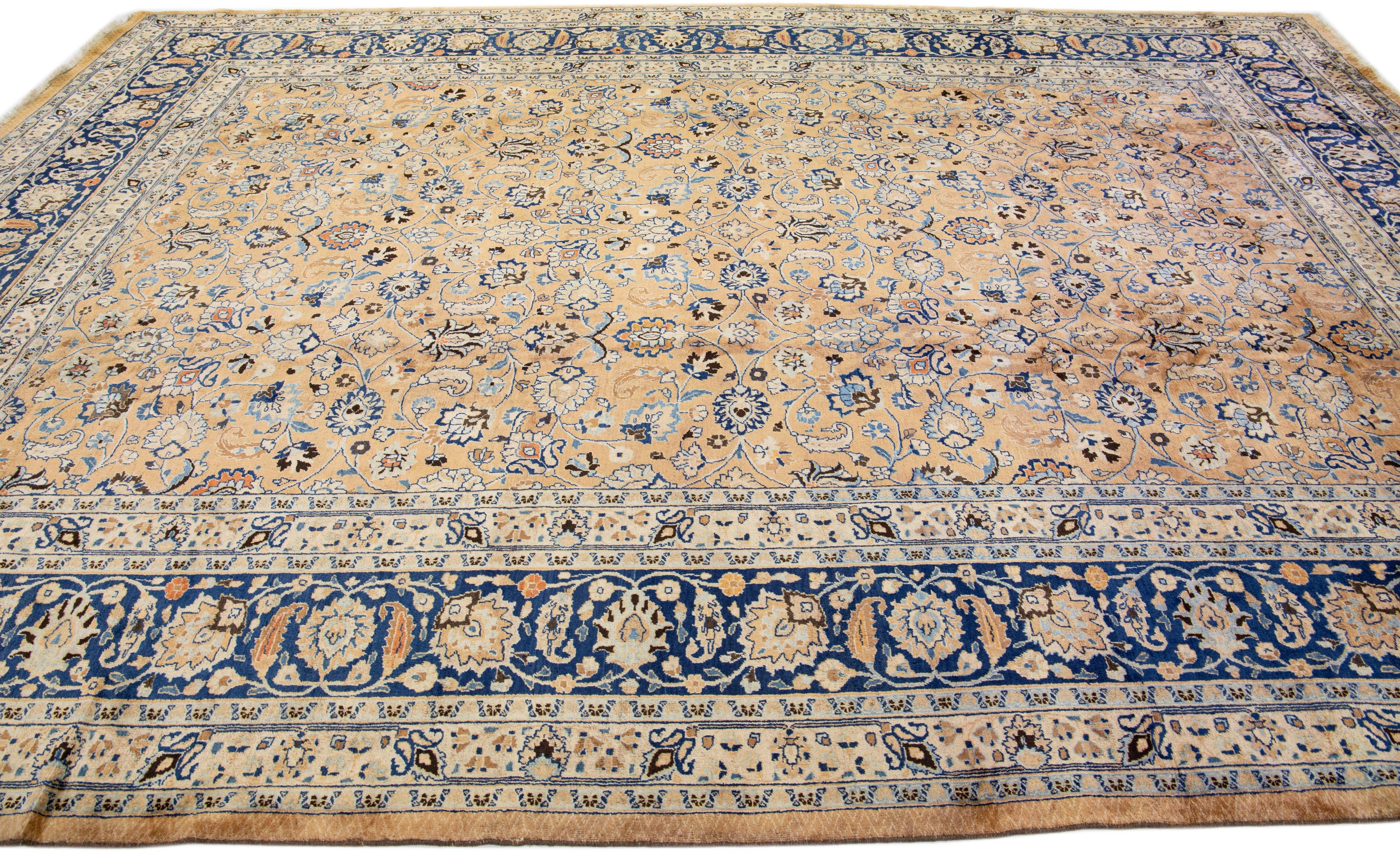 Antique Persian Mashad Handmade Tan Wool Rug with Allover Motif In Good Condition For Sale In Norwalk, CT