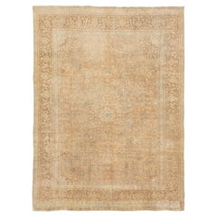 Antique Persian Mashad Handmade Wool Rug In Tan with Rosette Motif