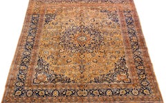 Antique Persian Mashad Handmade Wool Rug with Rosette Motif in Brown Color
