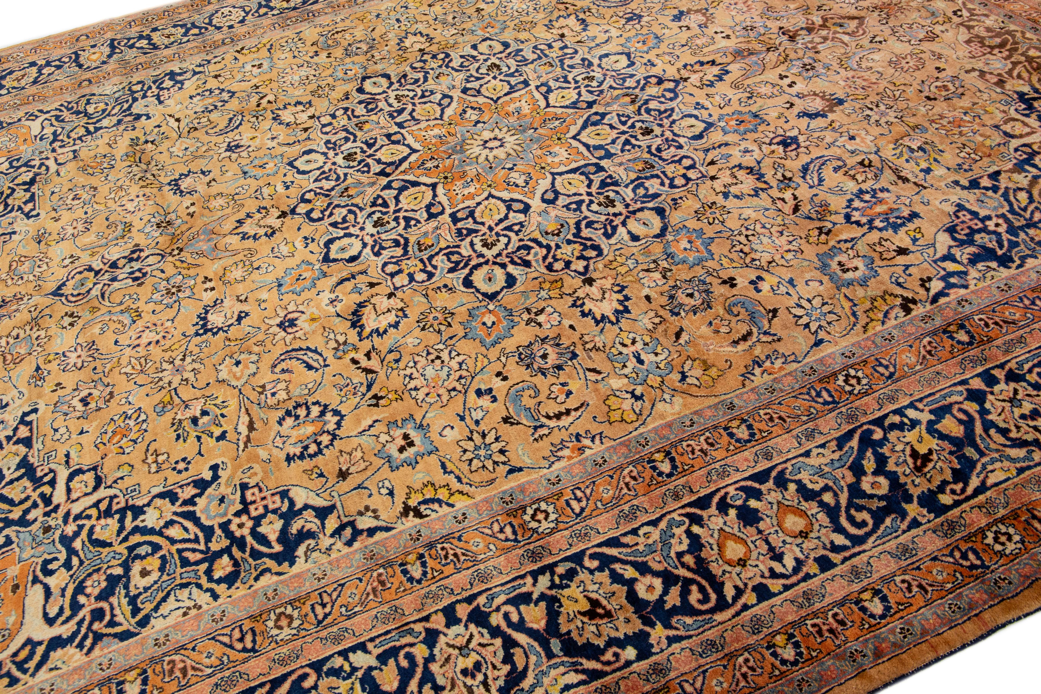 Islamic Antique Persian Mashad Handmade Wool Rug with Rosette Motif in Brown Color For Sale