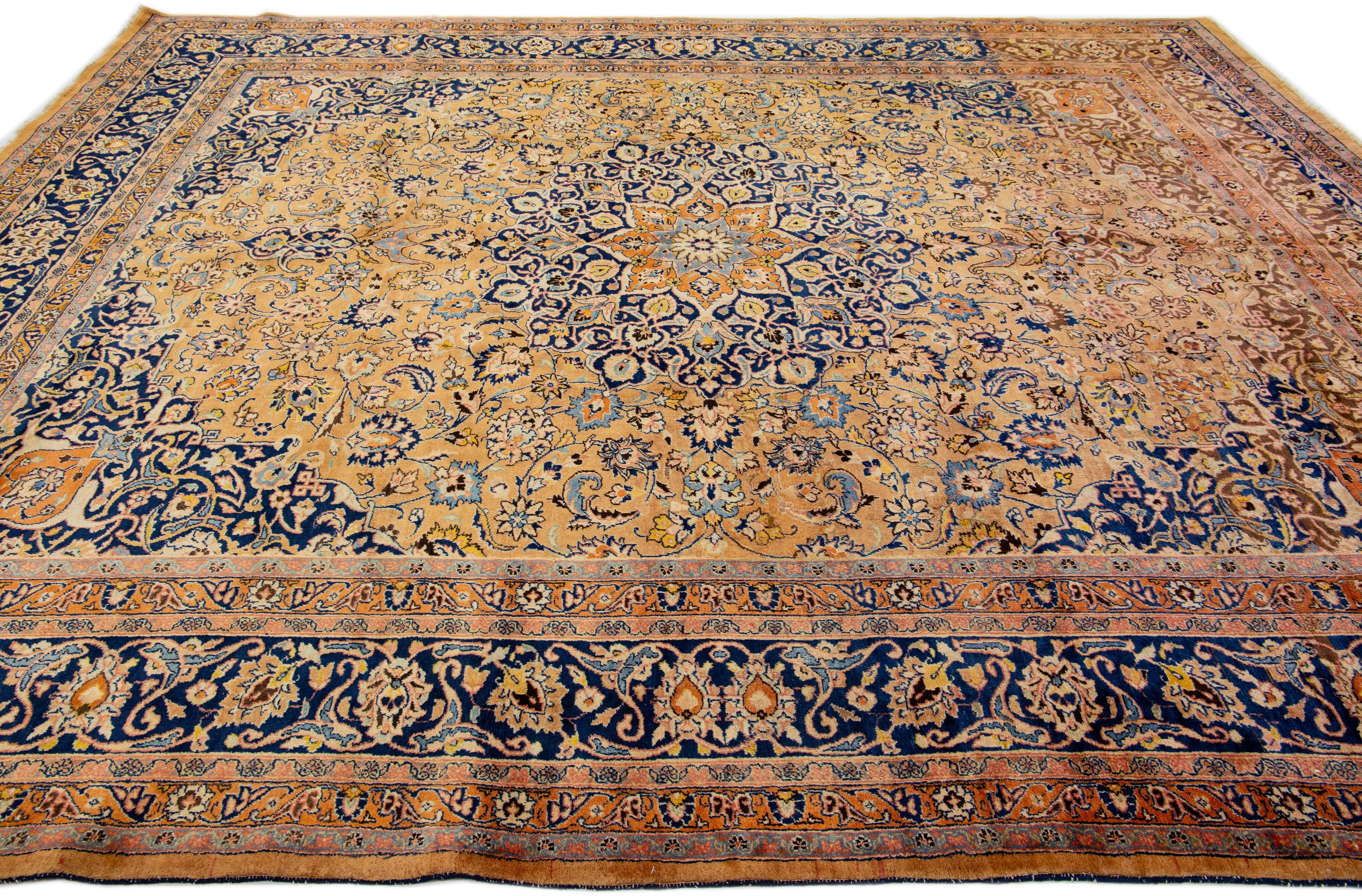 Hand-Knotted Antique Persian Mashad Handmade Wool Rug with Rosette Motif in Brown Color For Sale