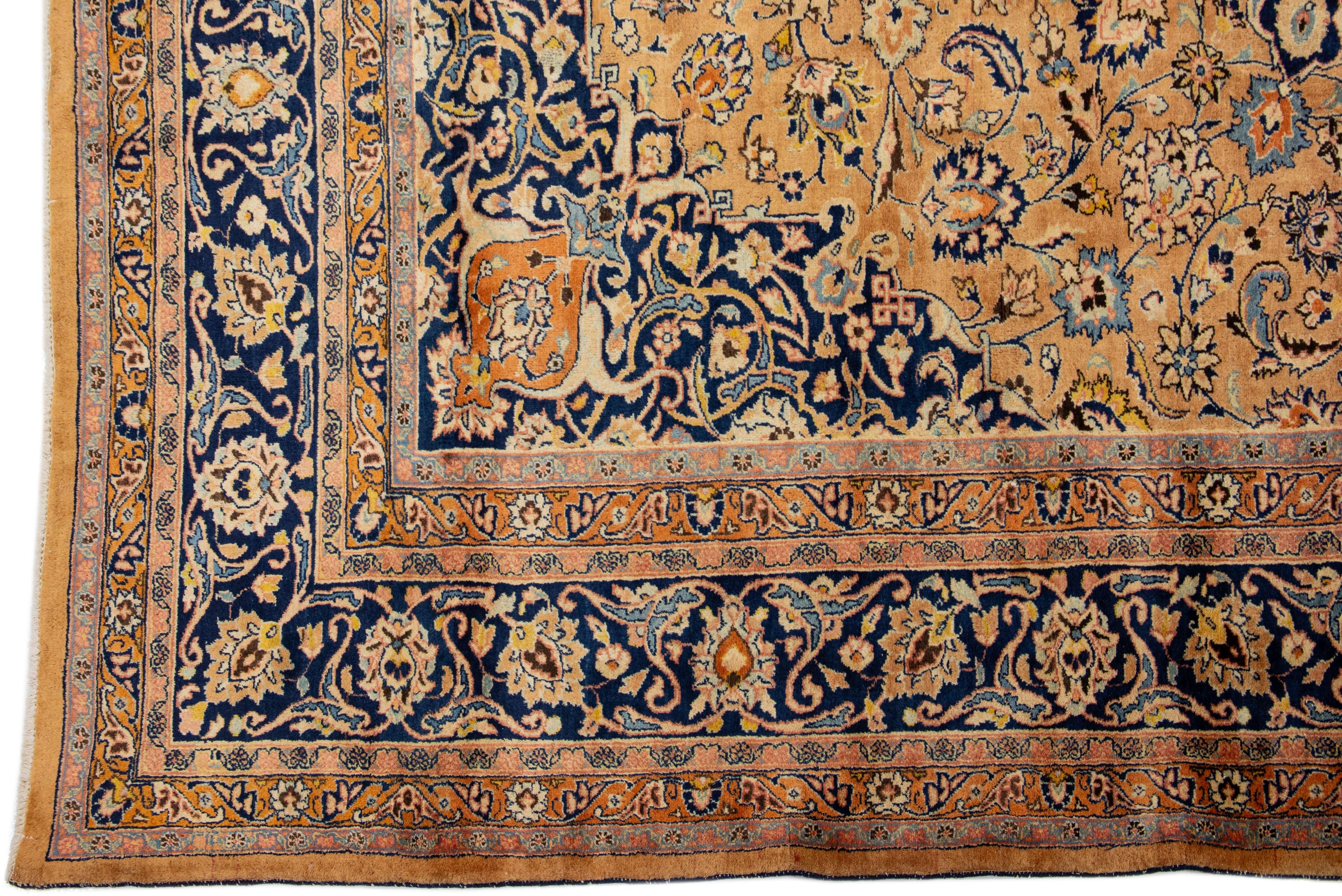 Antique Persian Mashad Handmade Wool Rug with Rosette Motif in Brown Color In Distressed Condition For Sale In Norwalk, CT