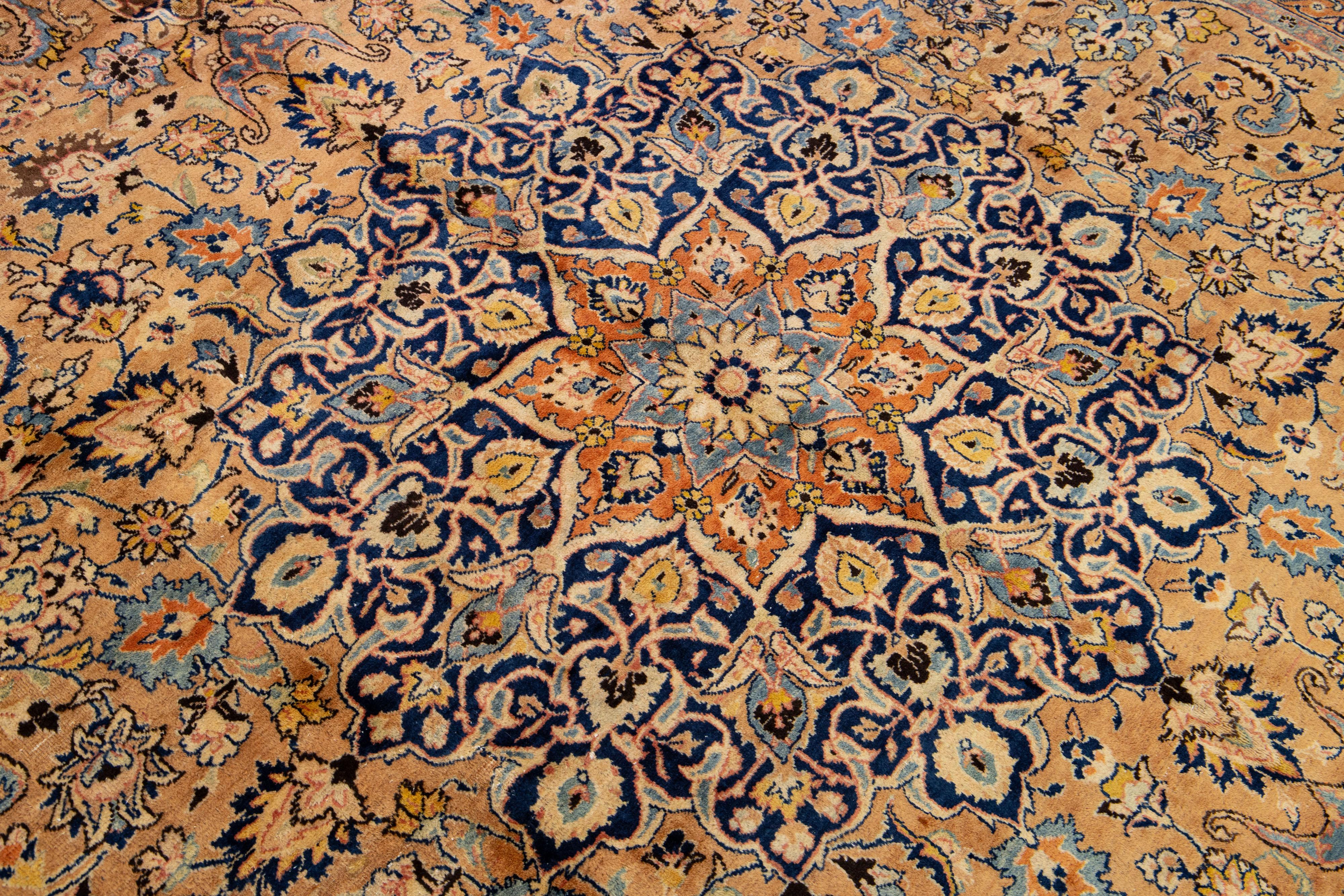 20th Century Antique Persian Mashad Handmade Wool Rug with Rosette Motif in Brown Color For Sale