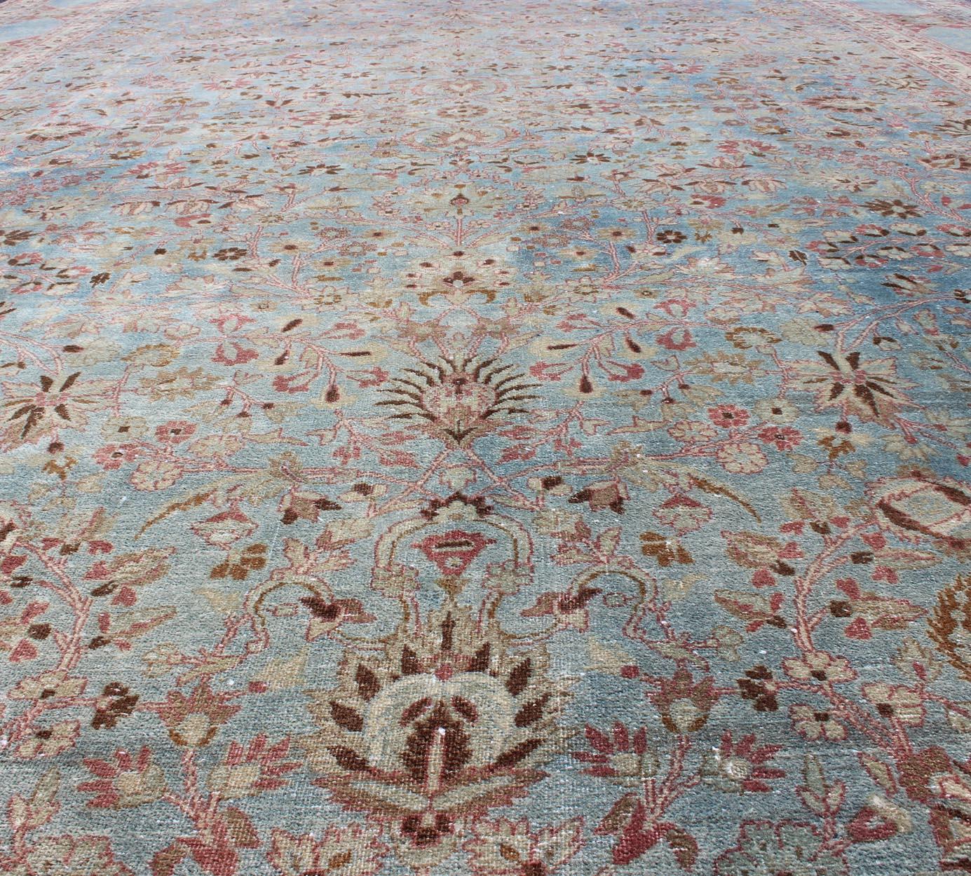 Antique Large Persian Mashhad On Light Blue Background by Keivan Woven Arts For Sale 2