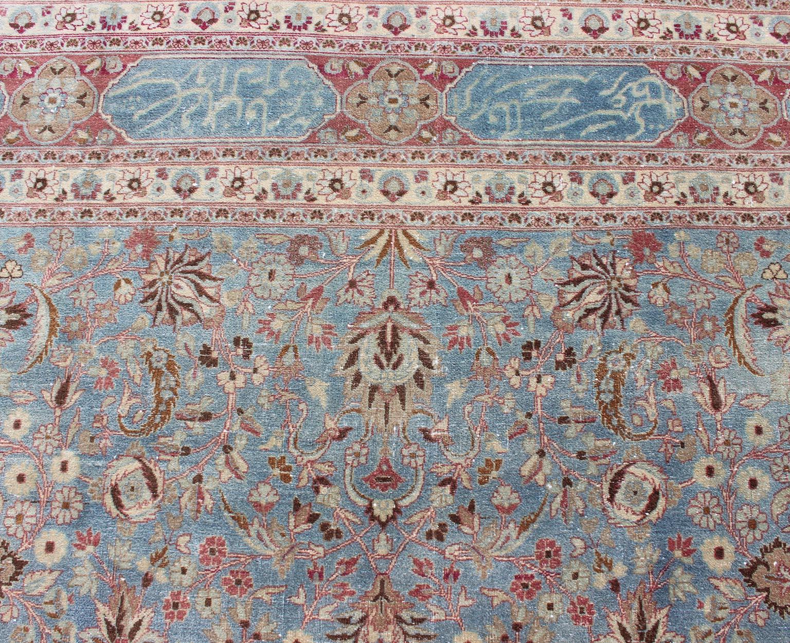Antique Large Persian Mashhad On Light Blue Background by Keivan Woven Arts For Sale 4
