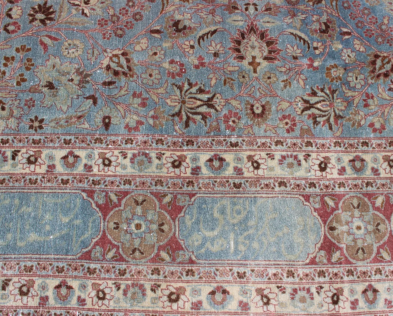 Antique Large Persian Mashhad On Light Blue Background by Keivan Woven Arts For Sale 6