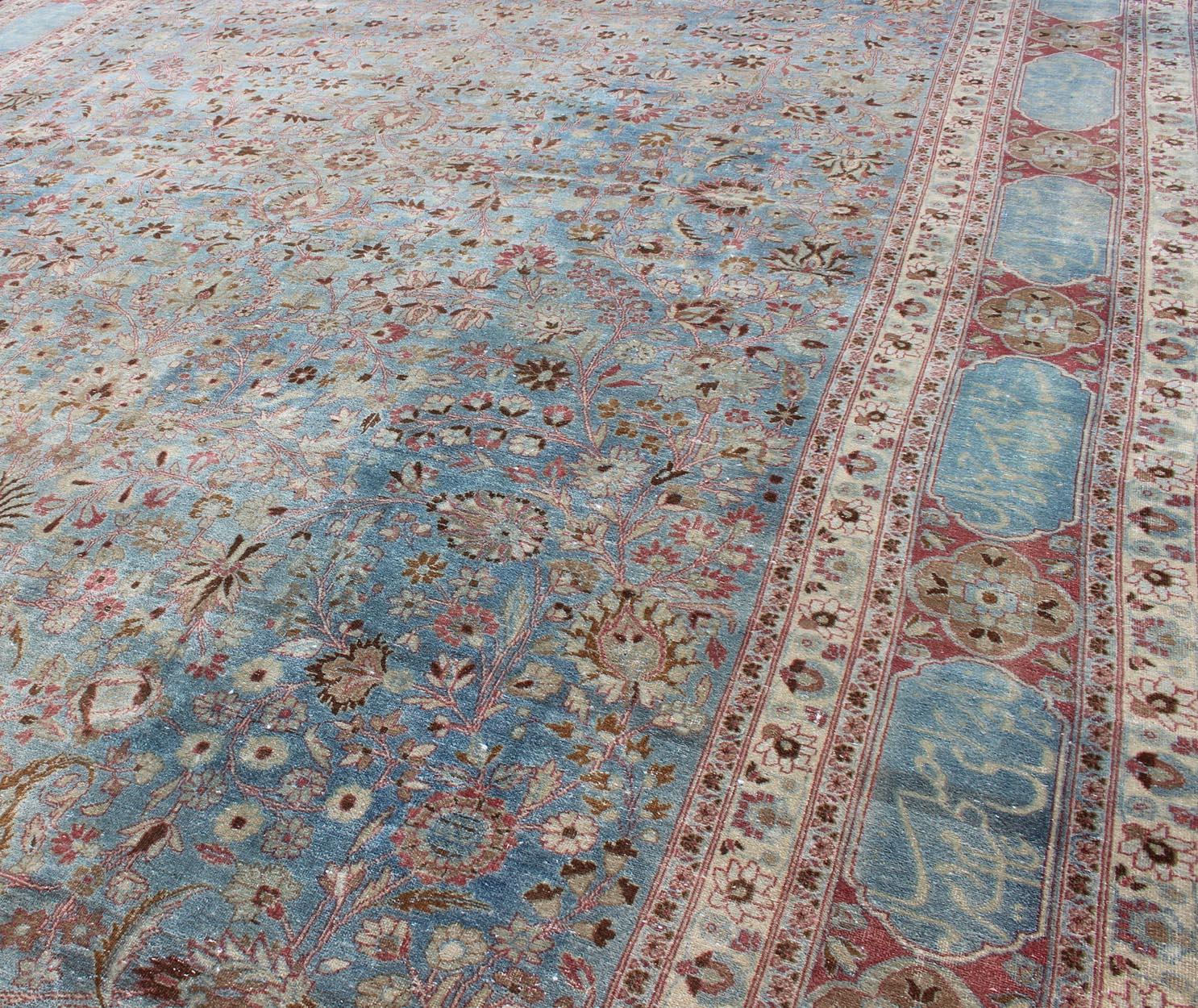 Hand-Knotted Antique Large Persian Mashhad On Light Blue Background by Keivan Woven Arts For Sale