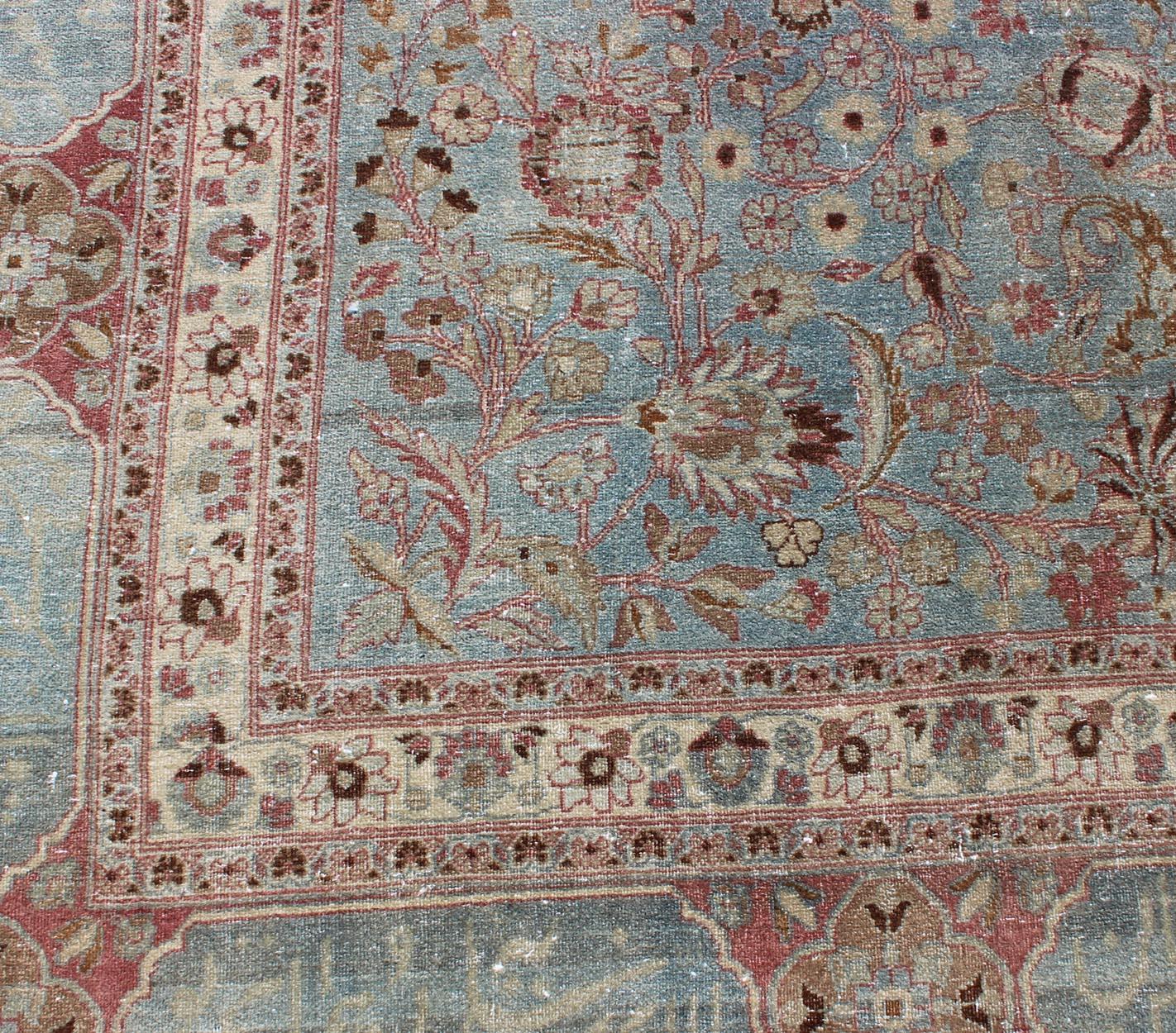 Antique Large Persian Mashhad On Light Blue Background by Keivan Woven Arts In Good Condition For Sale In Atlanta, GA