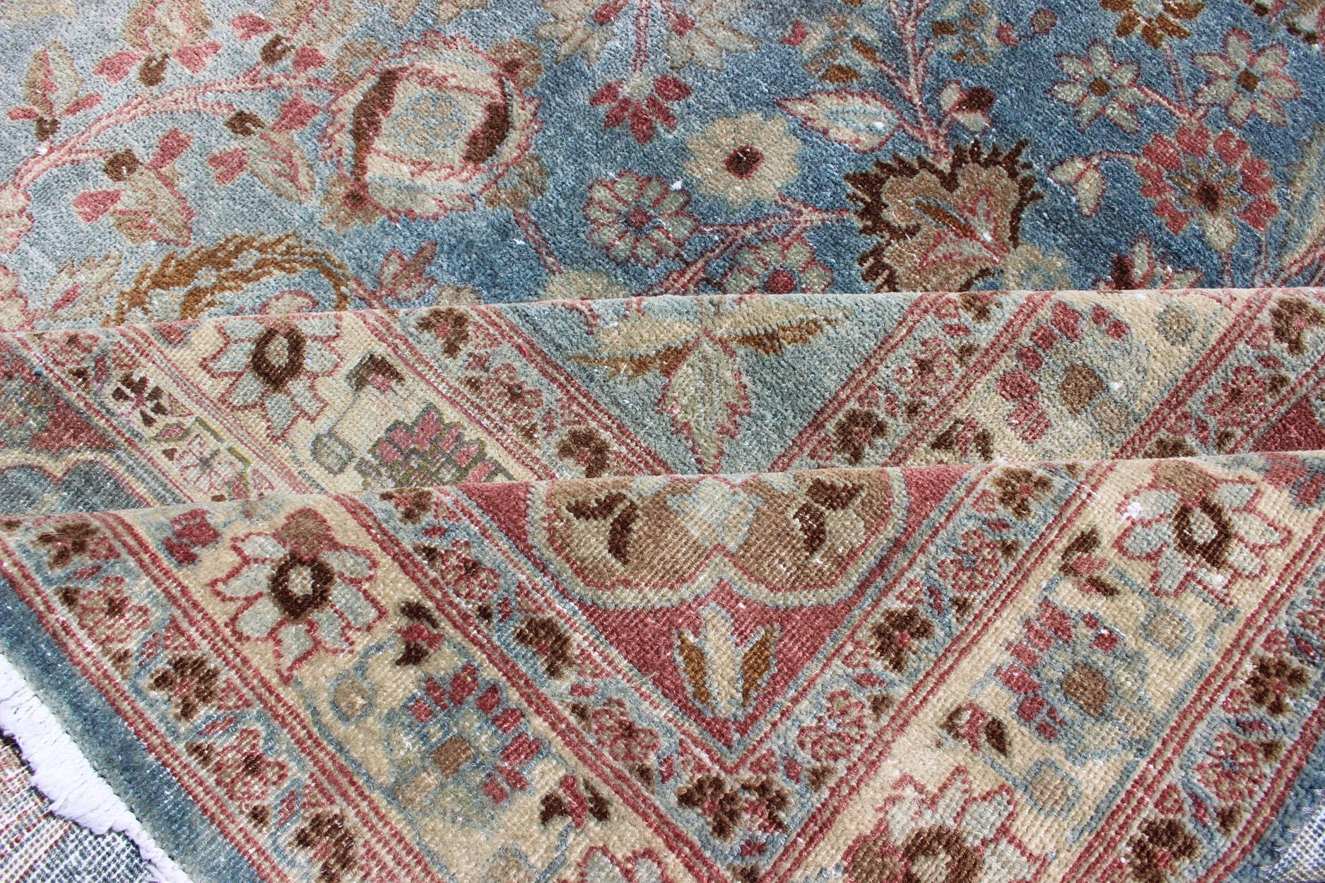 Antique Large Persian Mashhad On Light Blue Background by Keivan Woven Arts For Sale 7