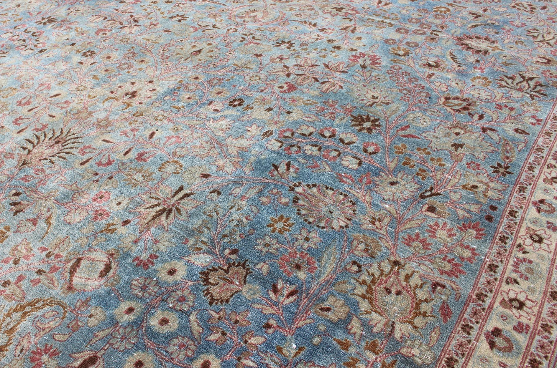 Wool Antique Large Persian Mashhad On Light Blue Background by Keivan Woven Arts For Sale