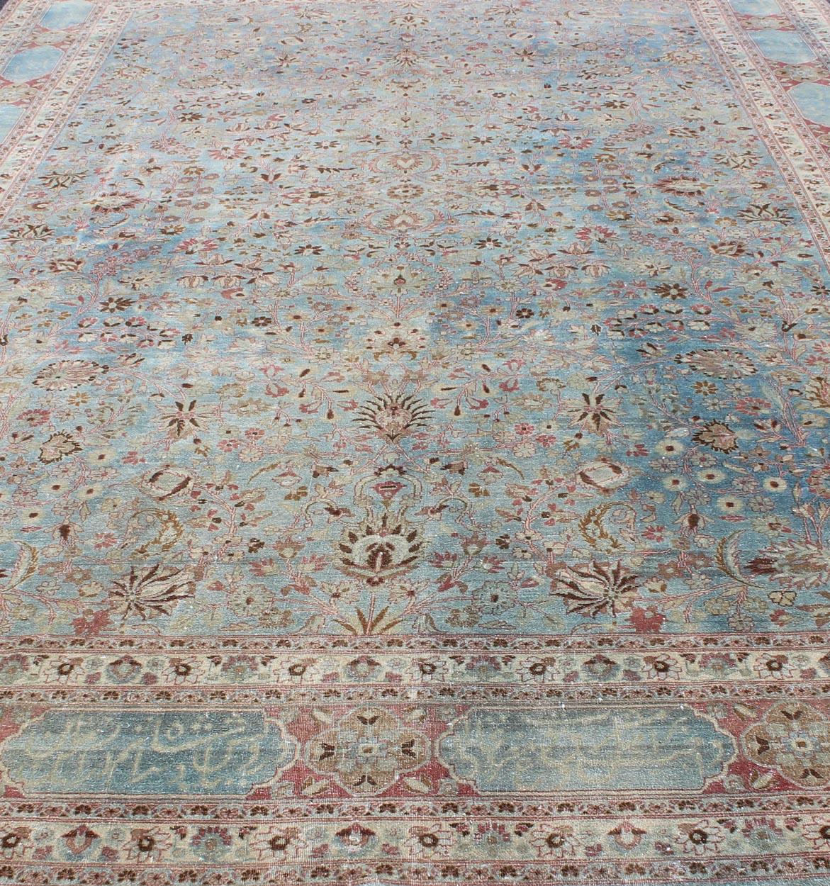 Antique Large Persian Mashhad On Light Blue Background by Keivan Woven Arts For Sale 1