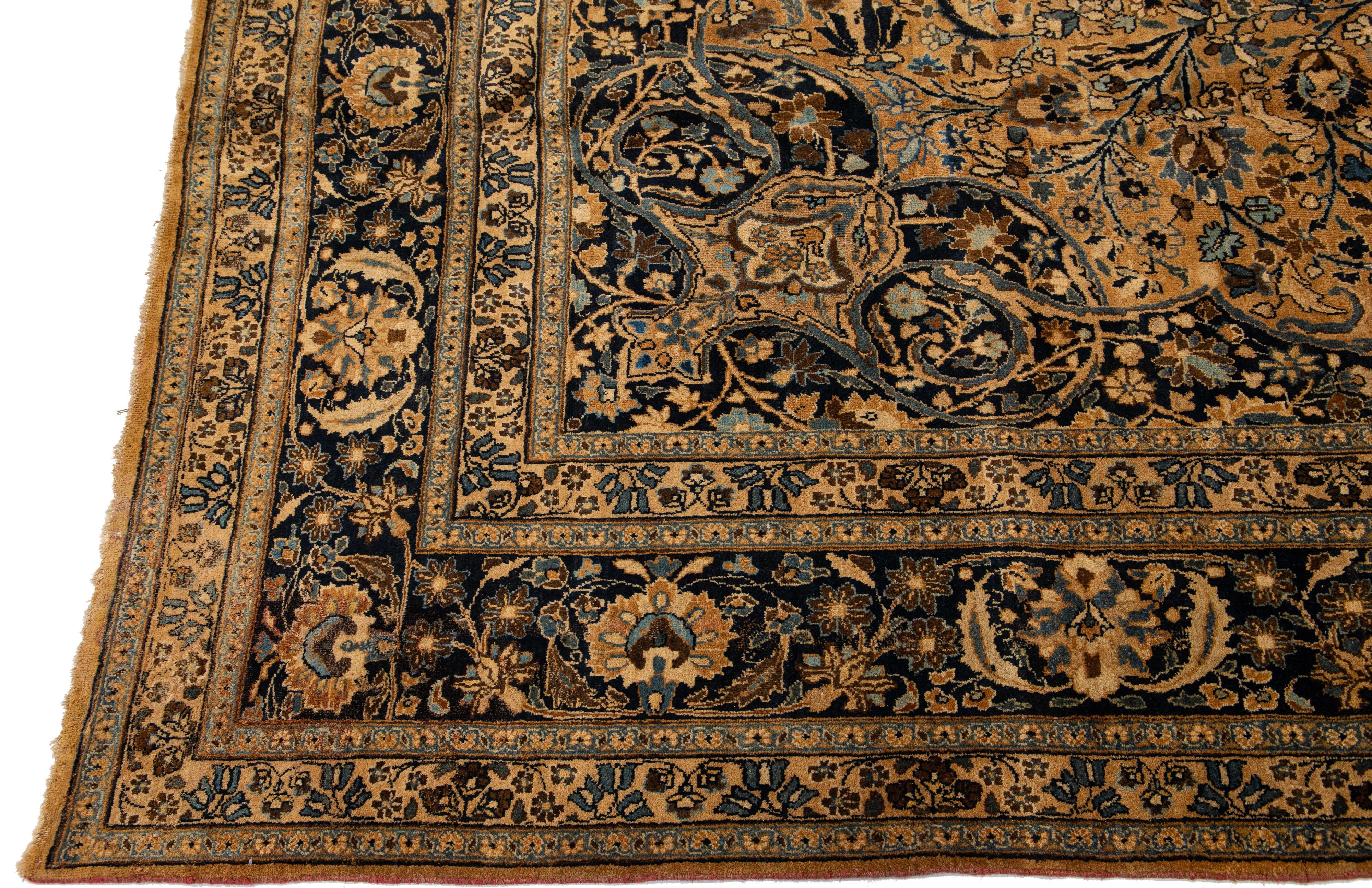 Hand-Knotted Antique Persian Mashad Tan Handmade Rosette Motif Wool Rug For Sale