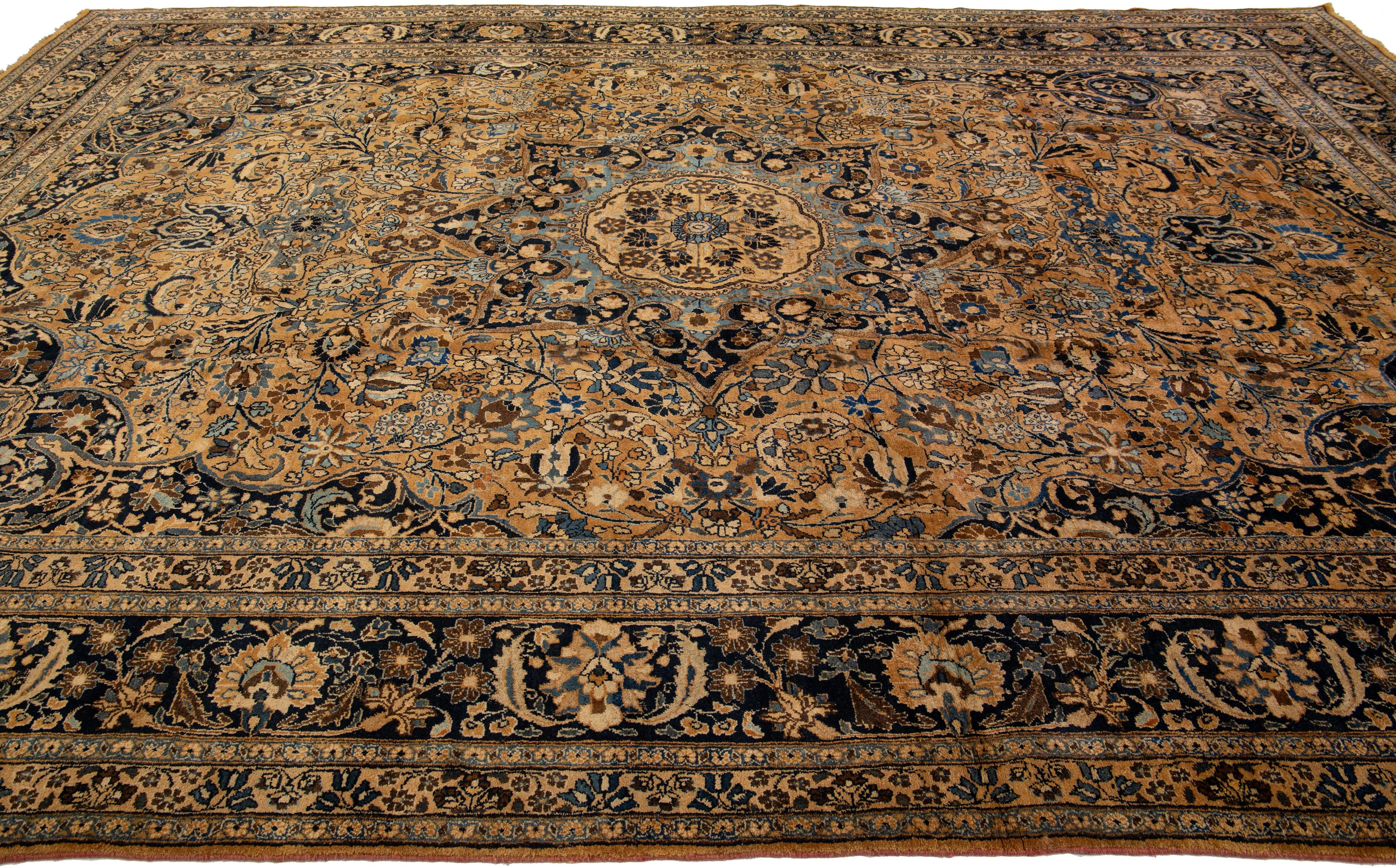 Antique Persian Mashad Tan Handmade Rosette Motif Wool Rug In Good Condition For Sale In Norwalk, CT