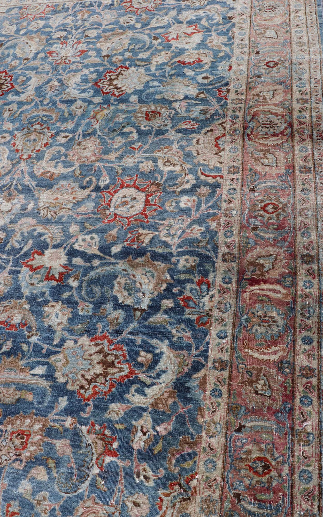 Antique Persian Mashad with Medium in Boteh Blue Background, Salmon Border For Sale 7