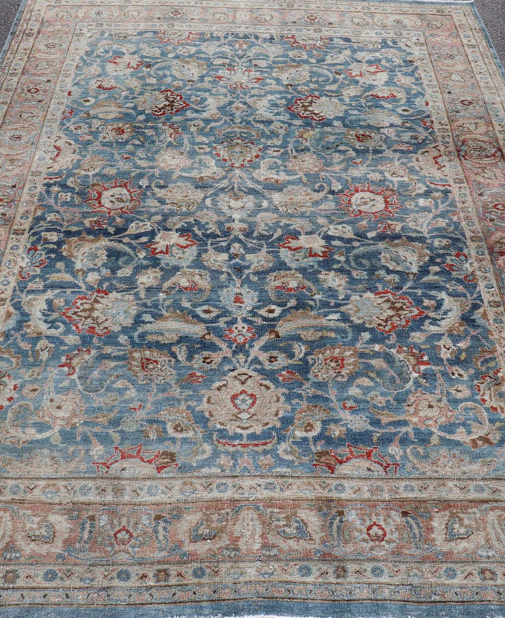 Antique Persian Mashad with Medium in Boteh Blue Background, Salmon Border For Sale 8